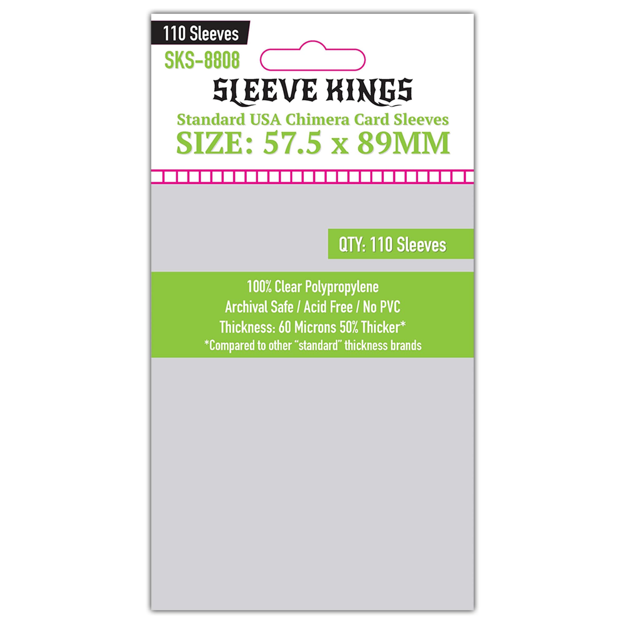 Amazon.com: Sleeve Kings Standard Card Sleeves – 110 Count, Clear 60 Micron  Thickness, Medium Size (57.5 x 89 mm), Compatible with Wingspan & More –  SKU: SKS-8808 : Toys & Games