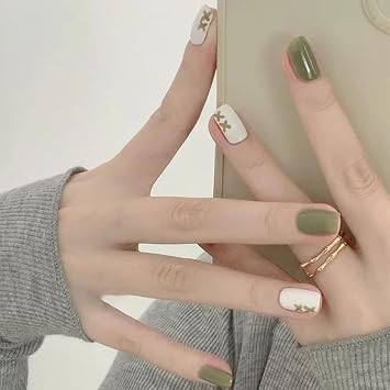 Short Press on Nails Green,Glossy Acrylic Fake Nails Natural, 24Pcs False Nails with X Designs,Glue on Nails for Women Art Kit