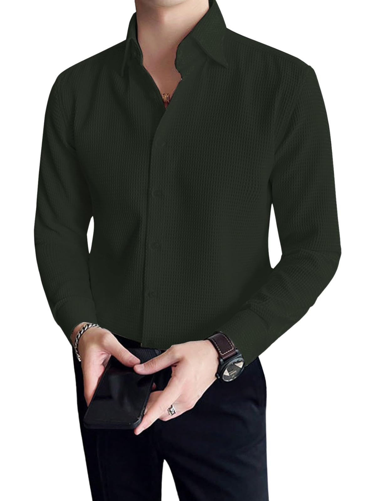 GRECIILOOKS Men's Formal Button Down Shirt – Slim Fit Shirt's for Men | Textured Long Sleeve Polycotton| Business & Meeting Ready (Available in Plus Size and Combo Pack of 2)