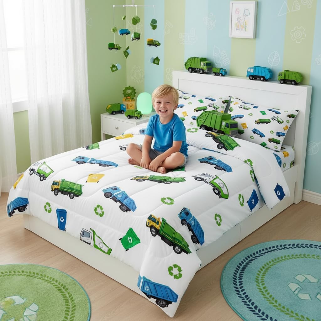 Juego de edredón de camión de basura, tamaño individual, juego de ropa de cama de coche de dibujos animados para niños, adolescentes, niñas, decoración de habitación infantil, suave, blanco, verde,