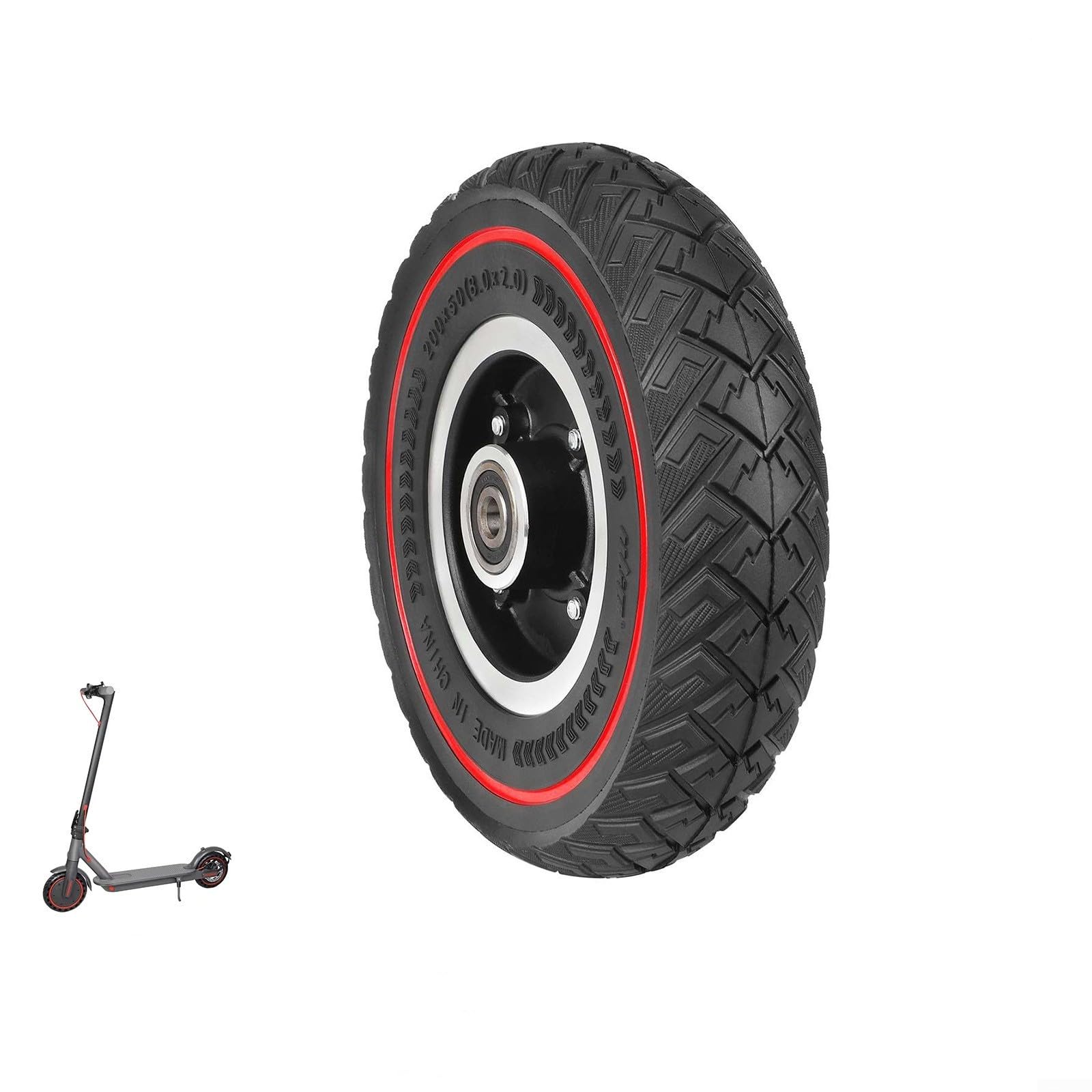 Ruota per scooter 200x50, 200 x 50 cm, linea rossa | Pneumatico solido 200x50, modello ad ala rossa, cerchio in lega, resistente alle forature, guida fuoristrada liscia