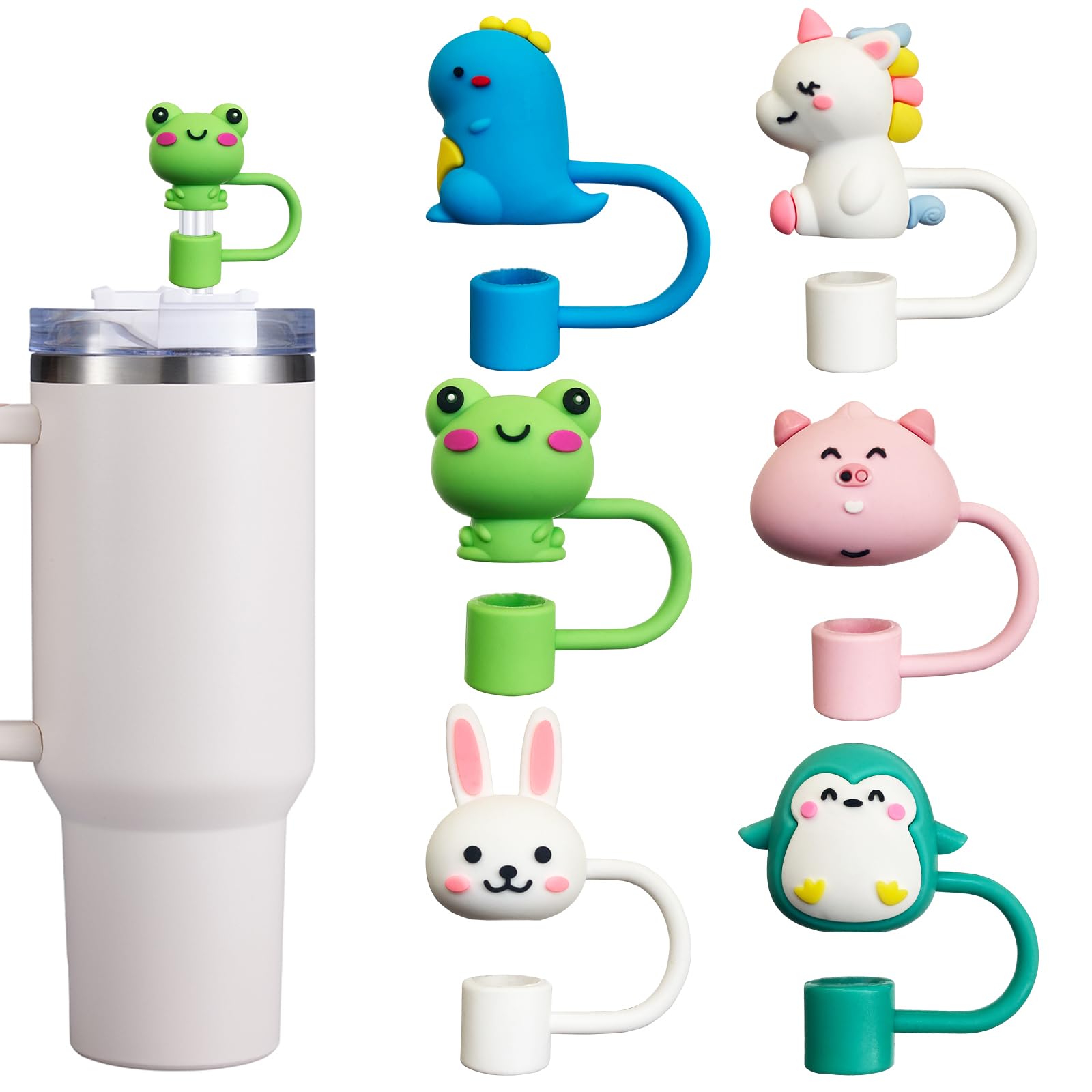 6PCS Straw Cover Cap for Stanley Cup, Silicone Cute Animal Straw Topper for Stanley 30&40 Oz Tumbler with Handle, 10mm 0.4in Dust-Proof Reusable Straw Tips Lids. (Color 3)