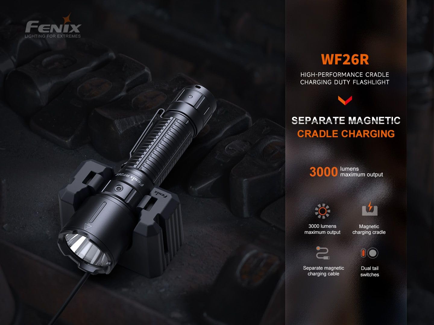 FENIX WF26R - Linterna de trabajo recargable con soporte de carga | 3000 lúmenes | 450 m | 44 horas máximo | 21700 funciona con batería | Carga magnética | IP68