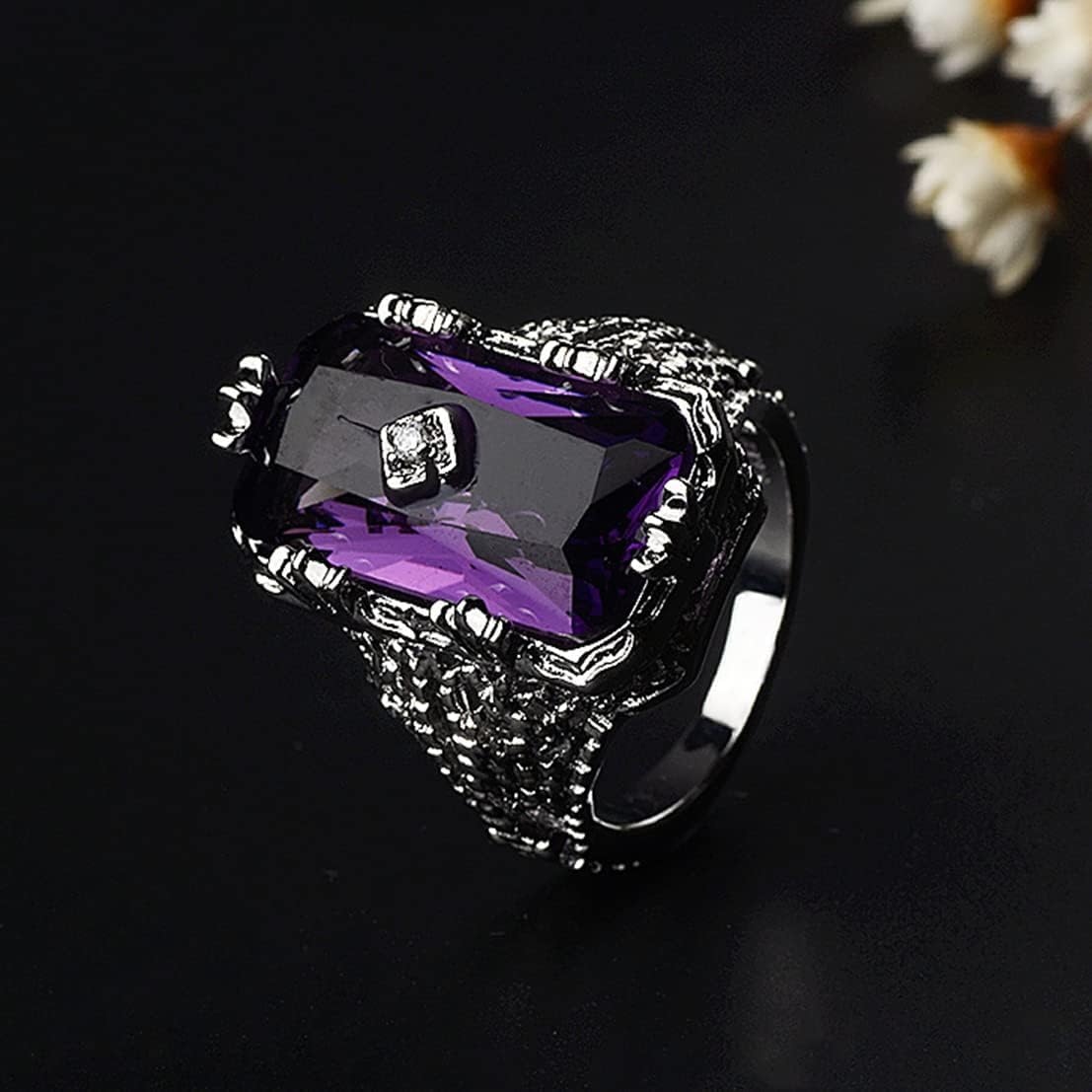 HAIXIAN Luxurious Silver Womens Purple Square Cubic Zirconias Amethyst sapphire Ring,Exaggeration Cocktail Party Punk Biker Ring,Full Finger Wide Dome Chunky Stone Ring Jewelry for Women - Image 5
