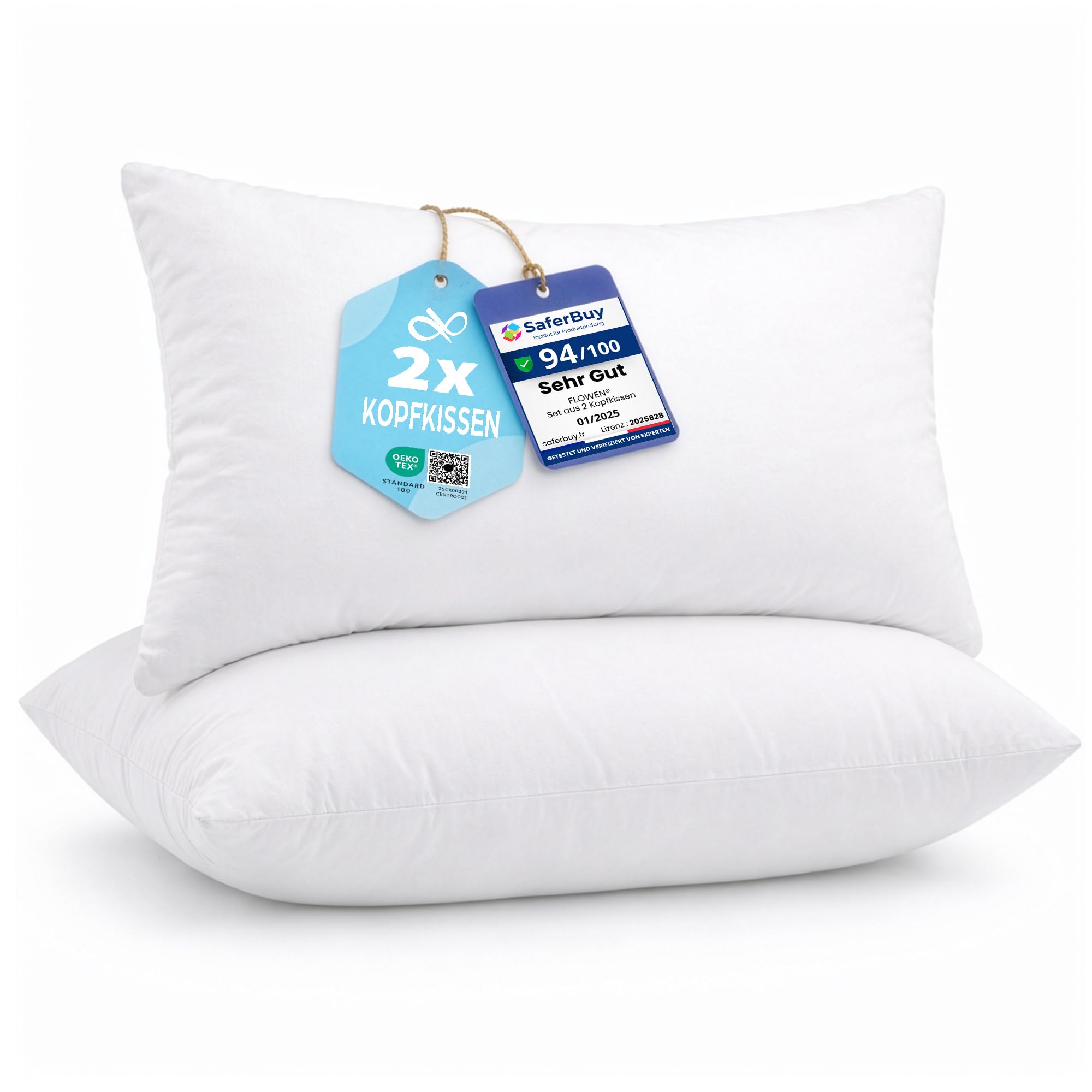 Flowen Kopfkissen 40x80 cm Kissen für Bett 40 x 80 2er Set Bettkissen Hypoallergene Anti-Milben Weiche Kissenfüllung mit Weicher Gesteppter Kopfkissenbezug 100% Polyester Schlafkissen