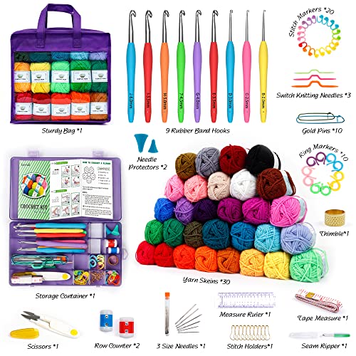 Image of Inscraft Crochet Yarn Kit for Beginners Adults & Kids, Includes 1650 Yards 30 Colors Acrylic Skeins, Hooks, Purple Bag etc, Make Amigurumi & Crocheting Projects, Starter Set for Professionals