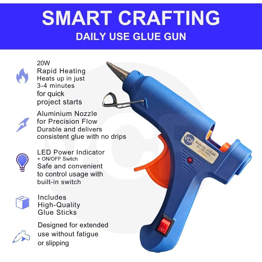 VCR 20W Hot Melt Glue Gun for Crafting & DIY Purpose - 20 Watts - ON/Off Switch for Precise Glue Output - Easy To Use Blue Glue Gun + 30 Transparent - 7mm Glue Sticks - VCR 20 Mini 2