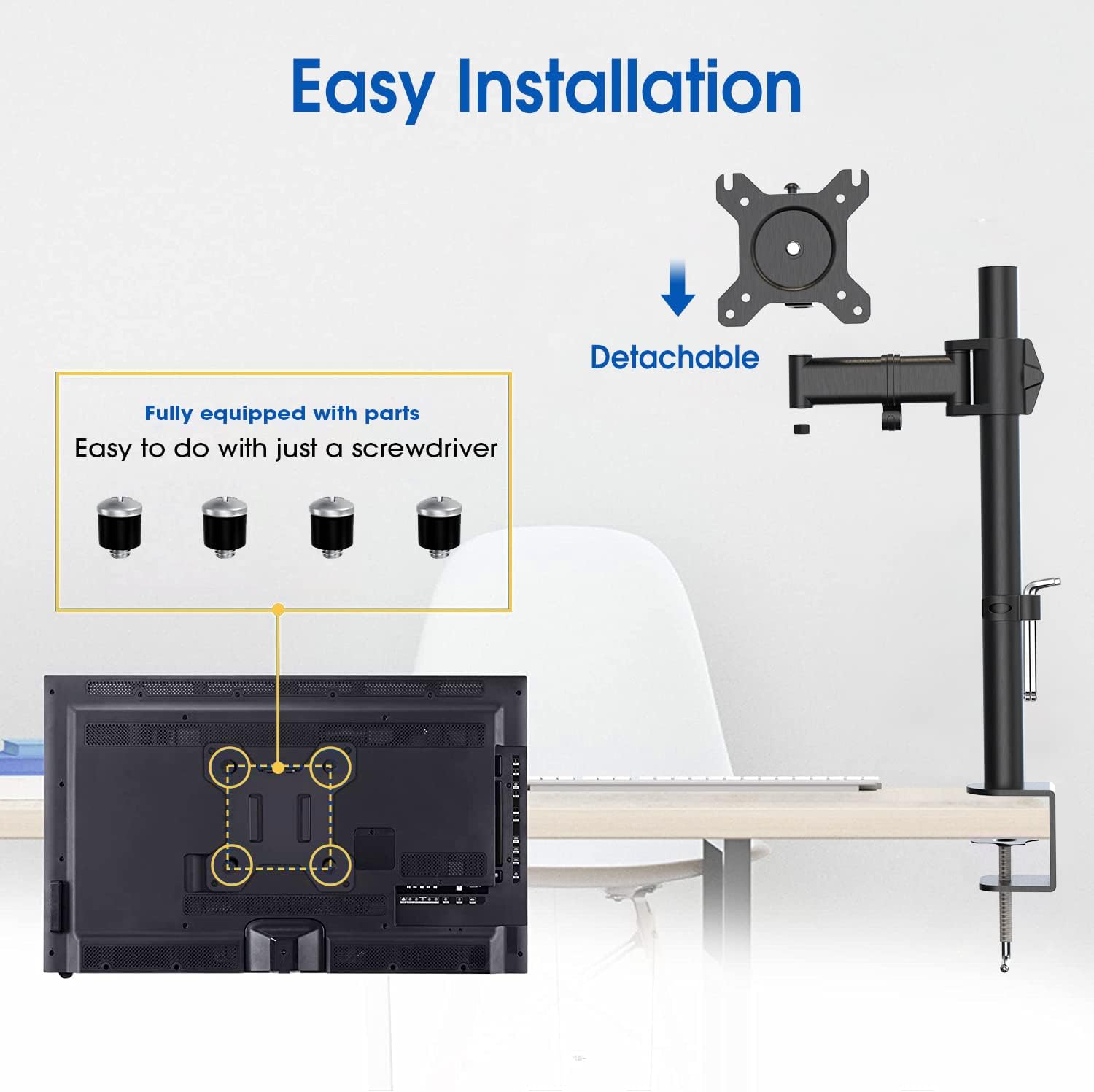 HFTEK Soporte para monitor de 13 a 34 pulgadas, soporte para monitor de brazo y pantalla, soporte para pantallas LED LCD, 1 monitor, altura regulable, inclinable, VESA 75 x 75/100 x 100