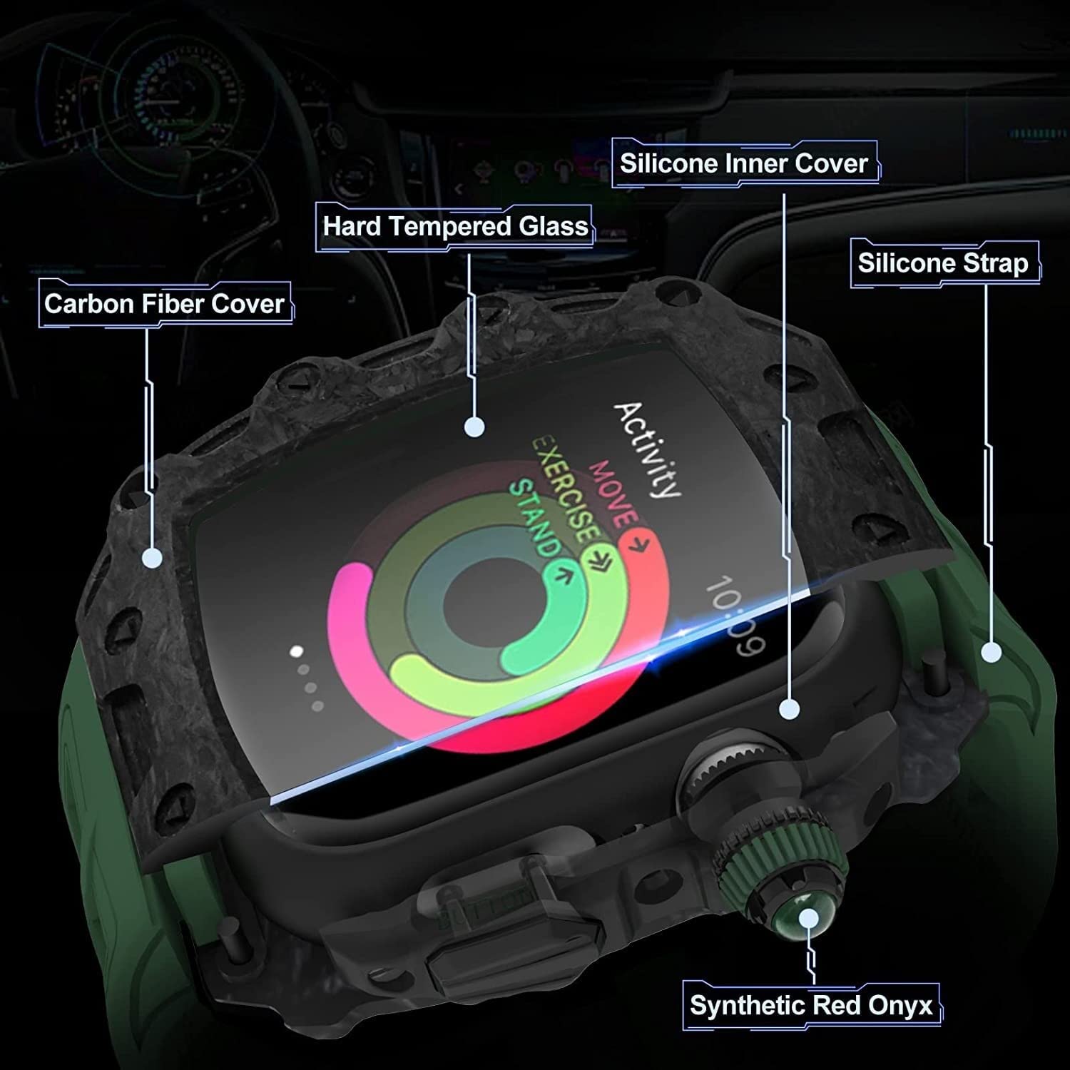 SCHIK Zestaw modyfikacyjny etui do zegarka z włókna węglowego, do Apple Watch 44/45 mm z silikonowym paskiem dla mężczyzn i kobiet, pasek ze stali nierdzewnej, akcesoria do IWatch serii 8 7 6 5 4 SE akcesoria