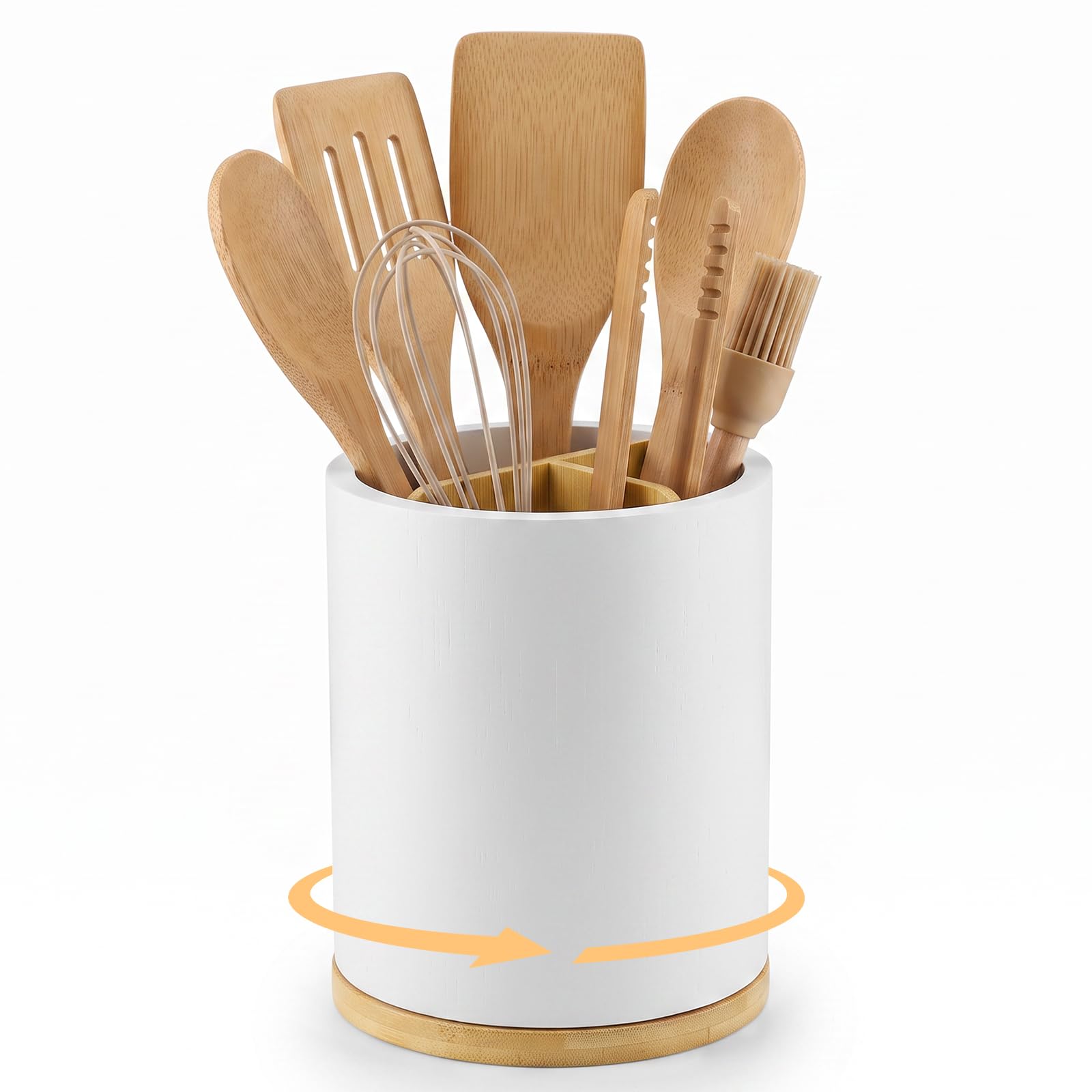 BEZORR 360° Rotating Utensil Holder, Wooden Cutlery Caddy for Kitchen, White, Organiser for Spoons and Spatulas