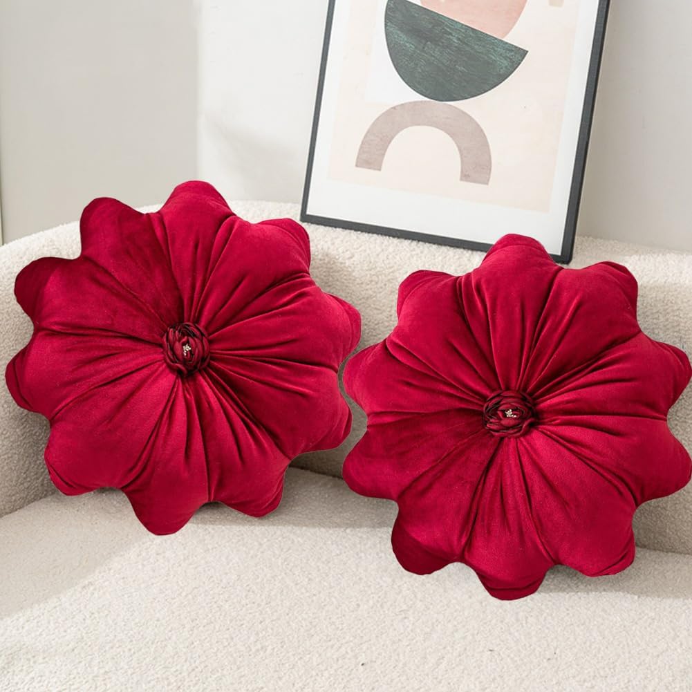 2Pcs Flower Pillow Cushion Round Aesthetics Decorative Throw Pillow 15.7" Velvet Flower Shaped Pillow for Bed Sofa Couch Vanity Chair (Red)