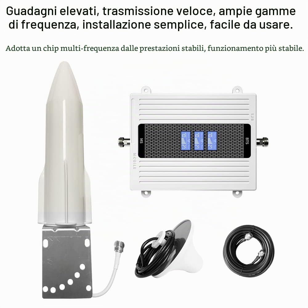 Weytoll Amplificatore Segnale Cellulare 4G 3G 2G LTE (8900/1800/2100), Amplificatore di segnale a banda trifrequenza 70dB alti guadagni