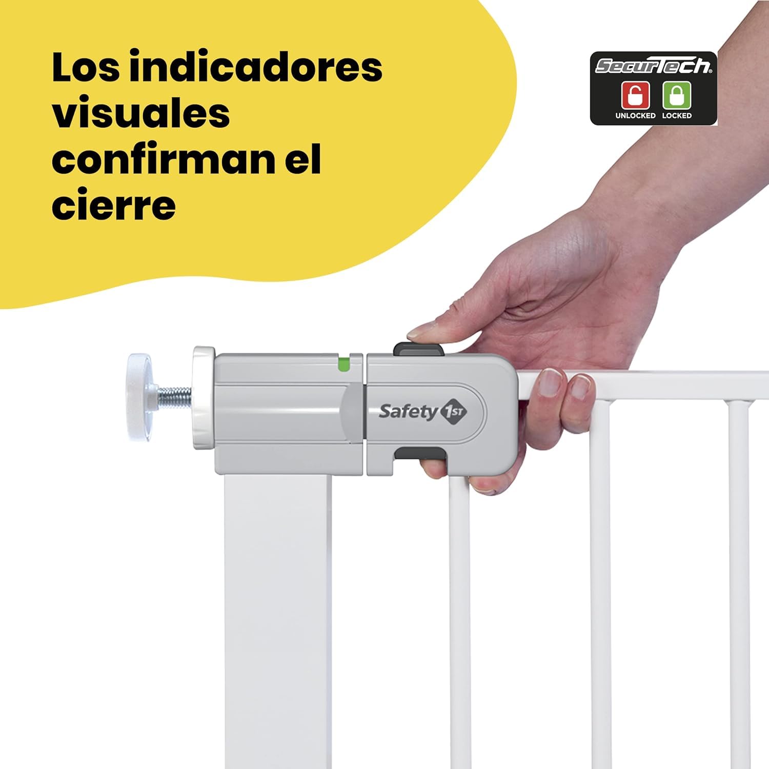 Safety 1st SecureTech, Barrera Seguridad Niños Escalera Presión, 73–80cm (máx. 136cm), Valla Seguridad Infantil Fácil Cierre, Abertura con 1 Mano, Sin Tornillos (Sin Taladros), Doble Bloqueo, Blanca