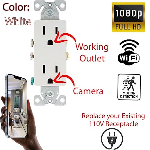 Miniatura 1 de Zeus CCTV Tuya Smart Life Receptáculo de toma de corriente Wi-Fi Cámaras espía 120V con cable (cuadrado blanco)