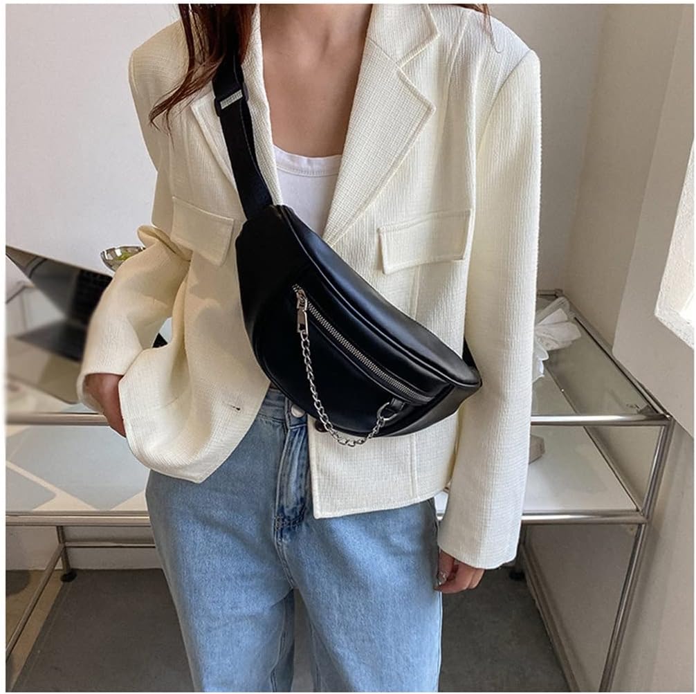 Women's black Fanny Pack Pu Leather Shoulder Crossbody Bags For Chest Sack Belt Bum Purses