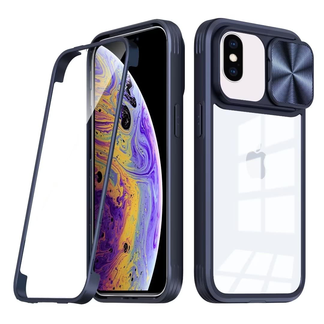 FMPCUON Cover 3 In 1 Per IPhone XS Max – Custodia Trasparente Con Protezione Scorrevole Per La Fotocamera (Rosa-Blu)