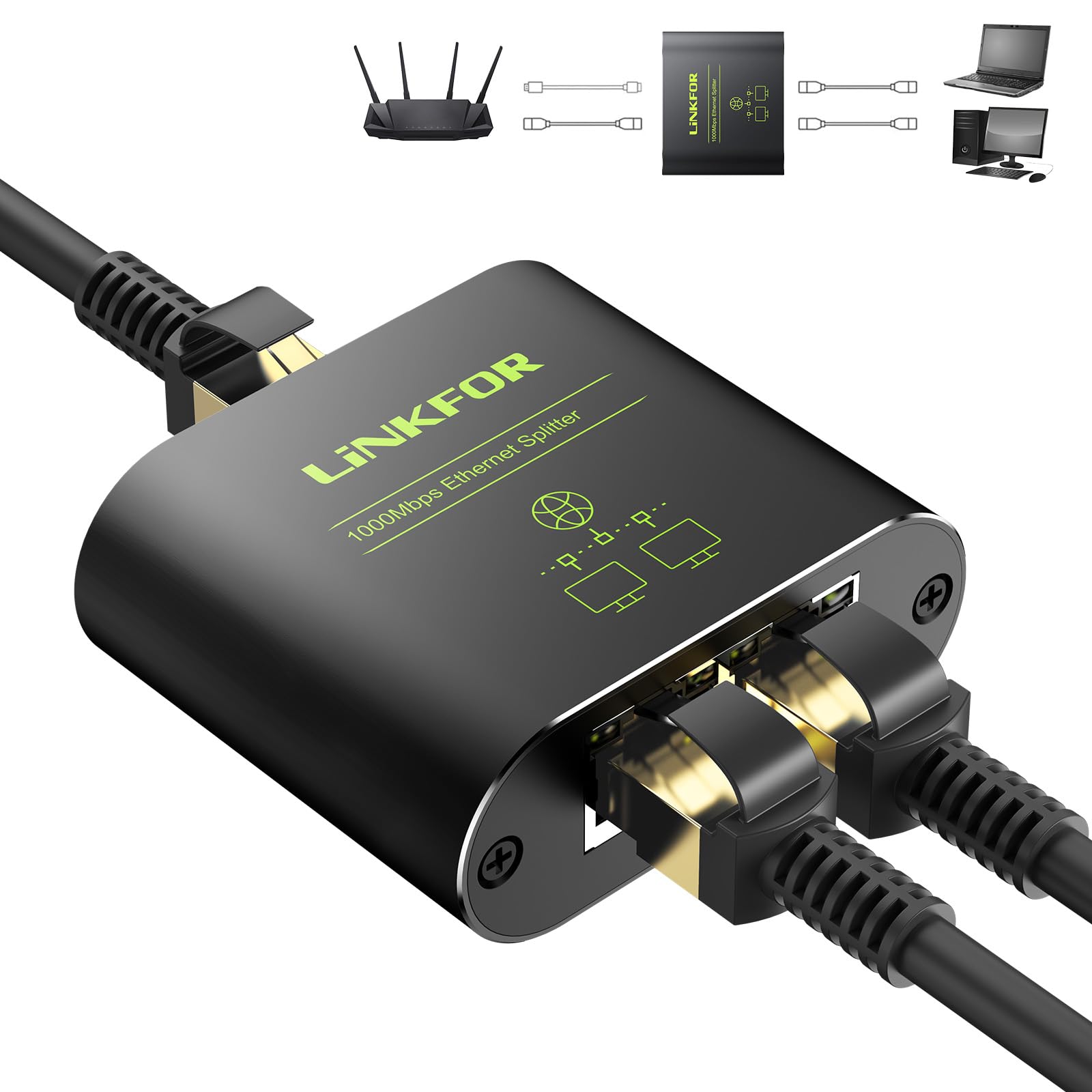 LiNKFOR Ethernet Splitter 1 to 2 Out 1000Mbps RJ45 Gigabit Ethernet Cable Splitter with USB Power for Cat 5e to Cat 8 Cables, 2 Port for Router, Computer, TV
