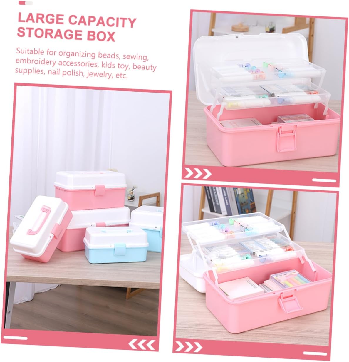 Portable Multi Art Supply Storage Box with Handle Three Organizer for Craft Tools Painting Accessories and Home Use for Beads Jewelry and Beauty Supplies
