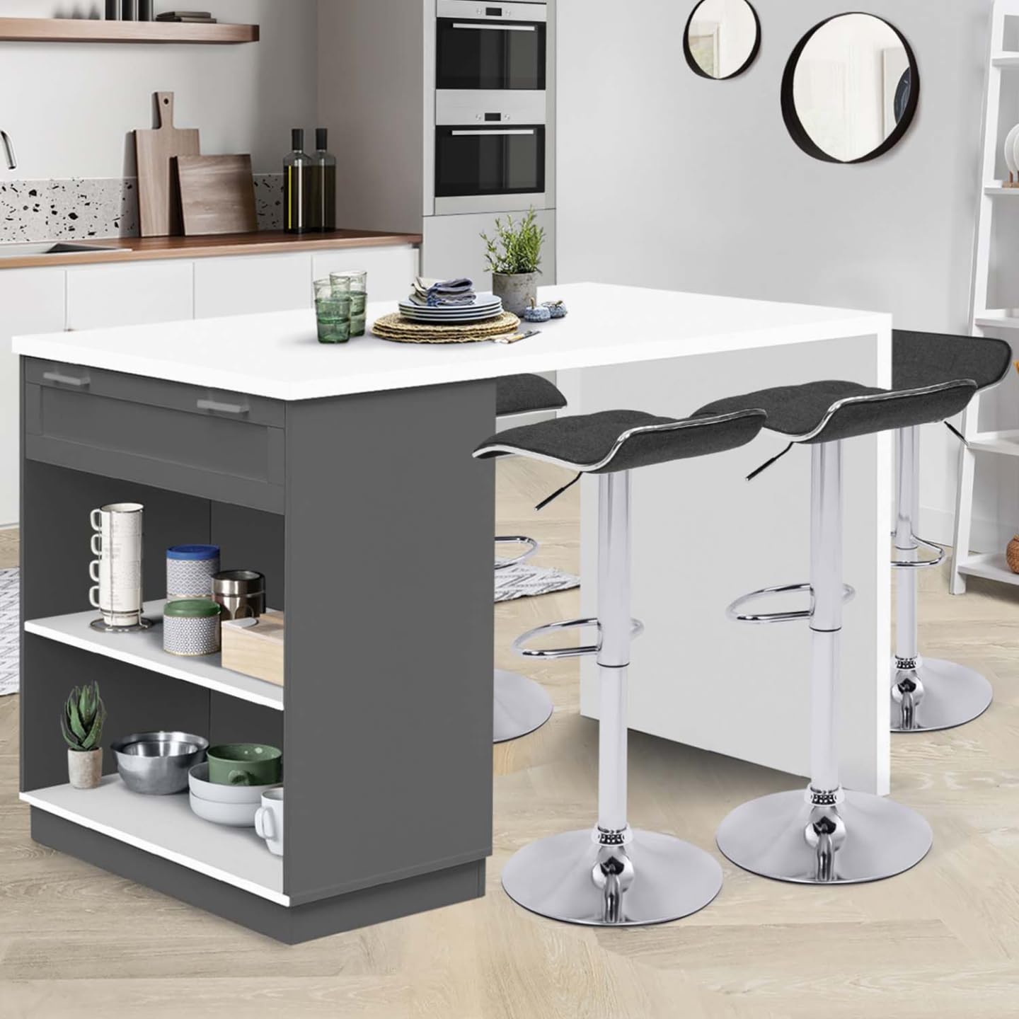 IDMarket - Ilot Central Mange-Debout 4 Personnes VITO 130 cm Gris et Plateau Blanc