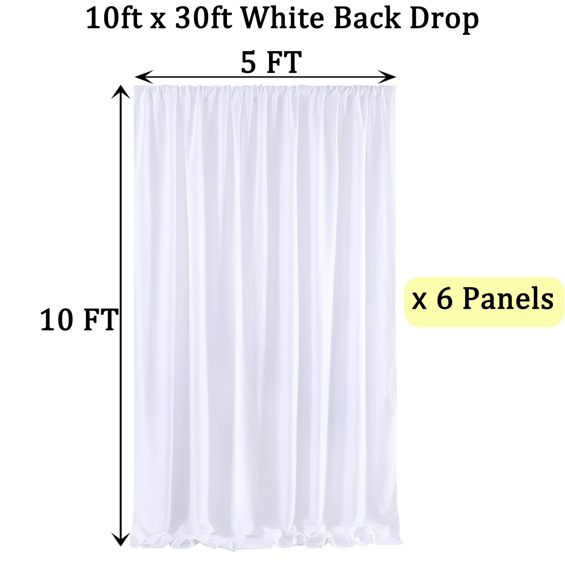 Lot de 6 Panneaux de Rideaux épais et infroissables en Polyester pour fête, Mariage, Anniversaire, Photographie, décoration d'intérieur - 9,1 x 3 m - Blanc