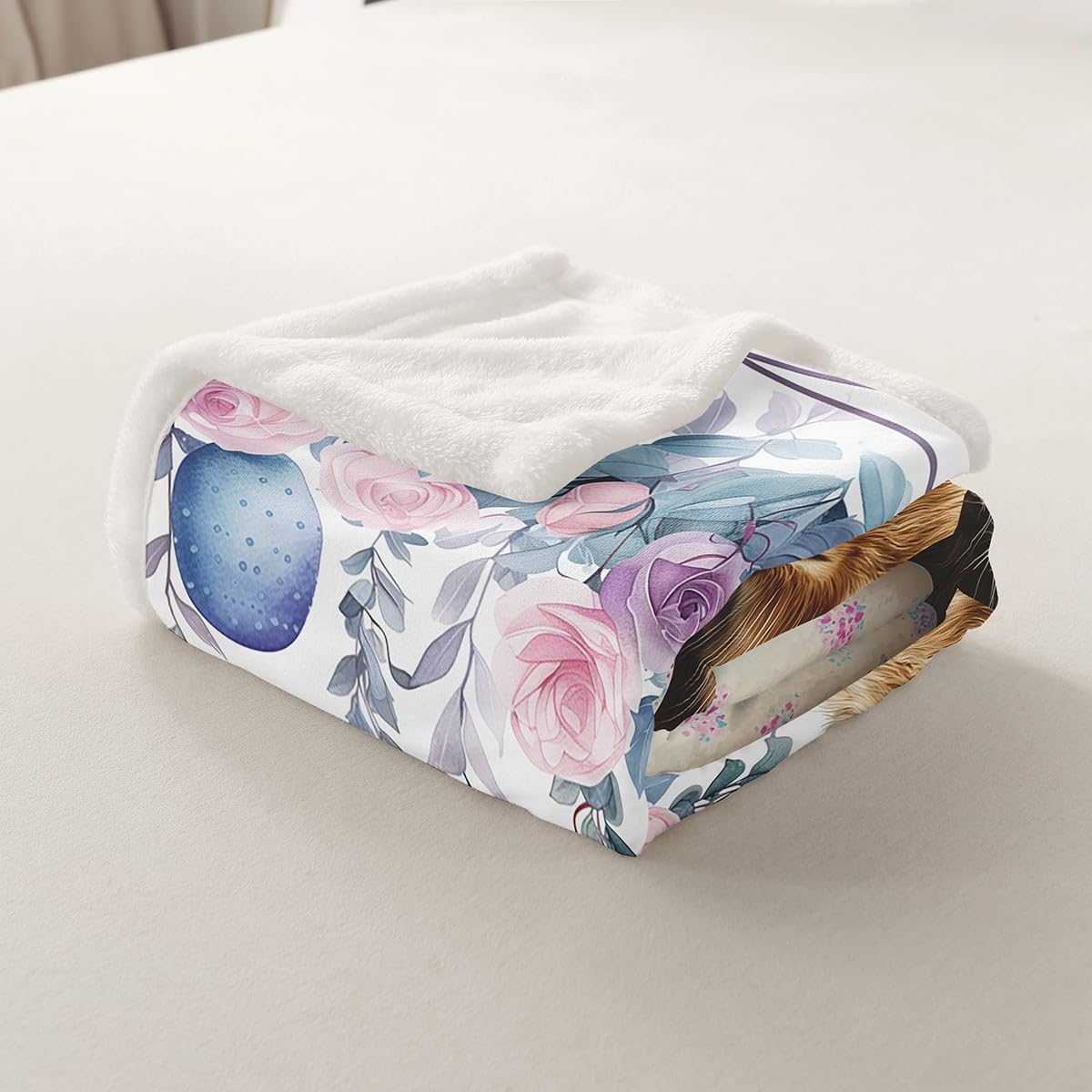 Homewish Uroczy królik narzuta koc Happy Easter Queen 228 cm x 228 cm polarowy koc dla dzieci chłopców dziewcząt łóżko, akwarela jajko róża szerpa koc wiejski zwierzęta rośliny kwiatowy pluszowy koc