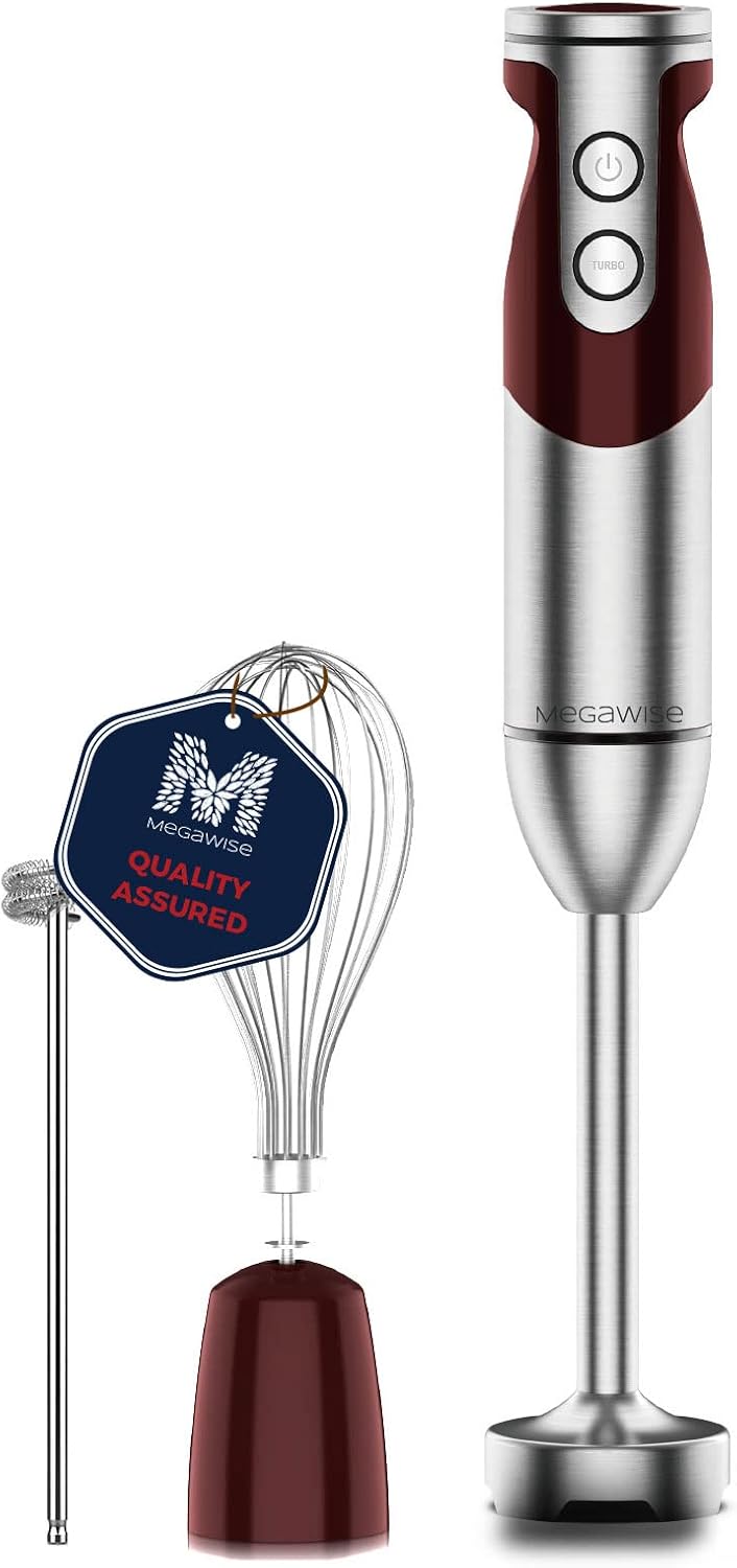 MegaWise Pro Titanium Reinforced 3-in-1 Immersion Hand Blender, Powerful 1000W with 80% Sharper Blades, 12-Speed Corded Blender, IncludingWhisk and Milk Frother (3-in 1 Red)