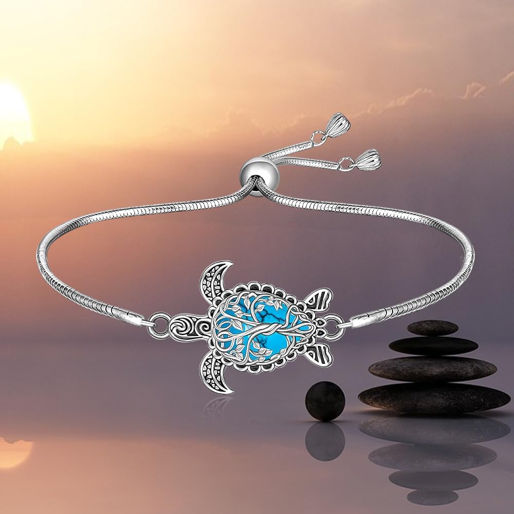 Turtle Bracelet Turquoise Tree of Life Sea Turtle Bracelet for Women Sterling Silver Adjustable Turquoise Jewelry Christmas Birthday Gifts - Image 7