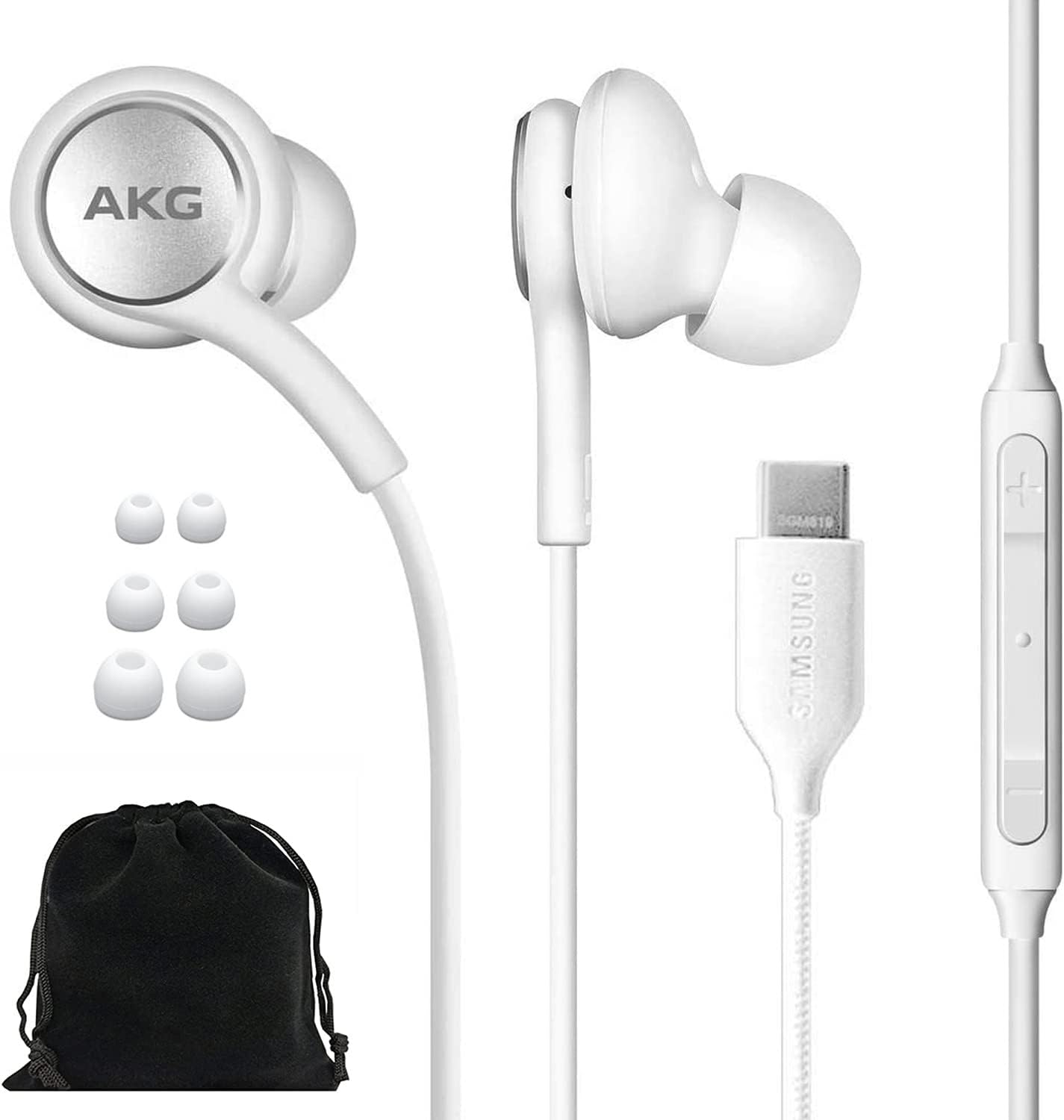 AKG Earbuds Original USB Type C in-Ear Earbud Headphones with Remote & Mic for Galaxy S23 Ultra, A53 5G, S22, S21 FE, S20, Note 10, 10+, S10 Plus - Braided - Includes Velvet Pouch - White