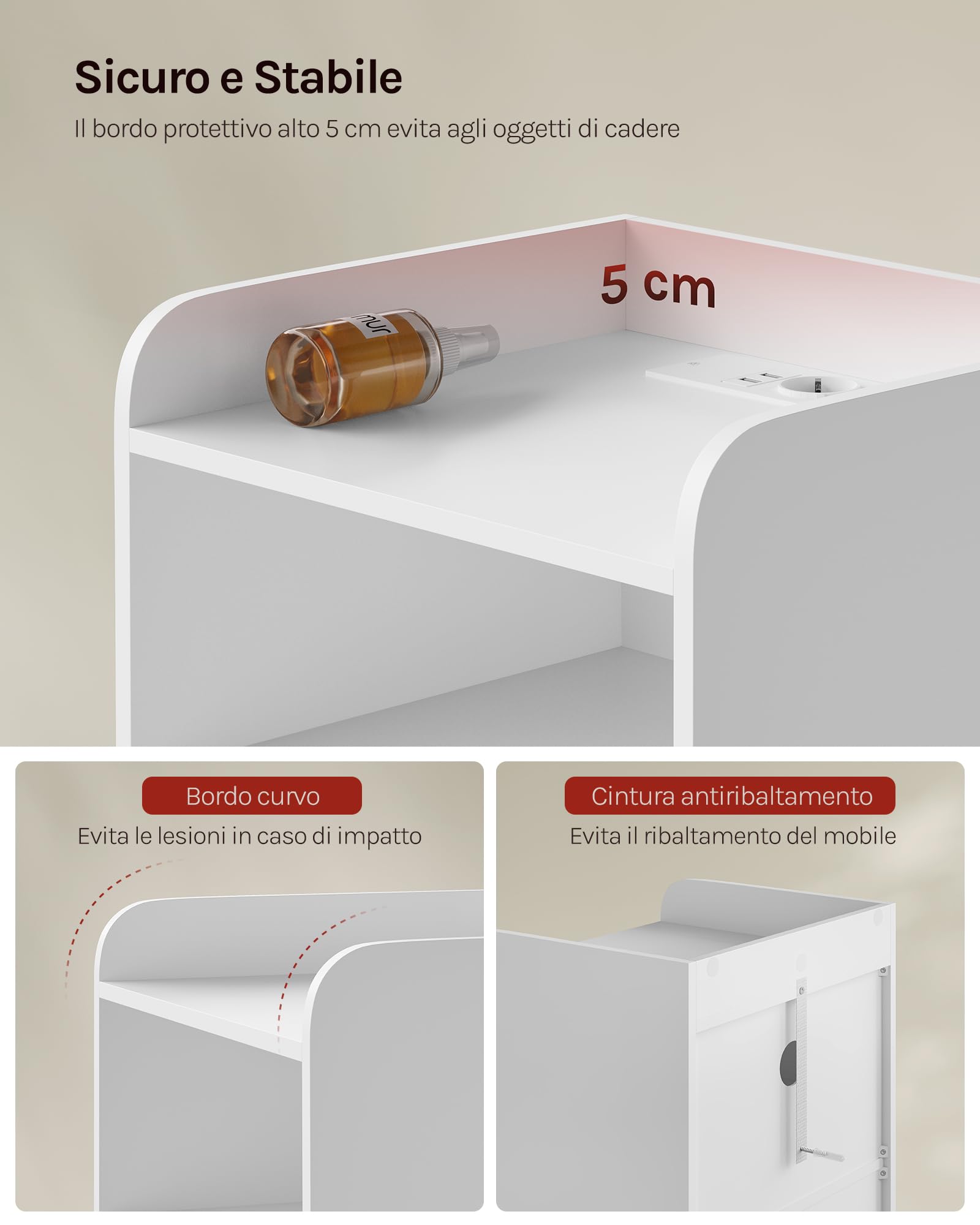 WOLTU Comodino con Stazione di Ricarica, Prese, Porte USB, Tavolino con Luci LED Regolabile, Cassettiera con Cassetti e Scomparto, 40x35x64cm, per Camera da Letto, in Legno, Bianco NTS07ws