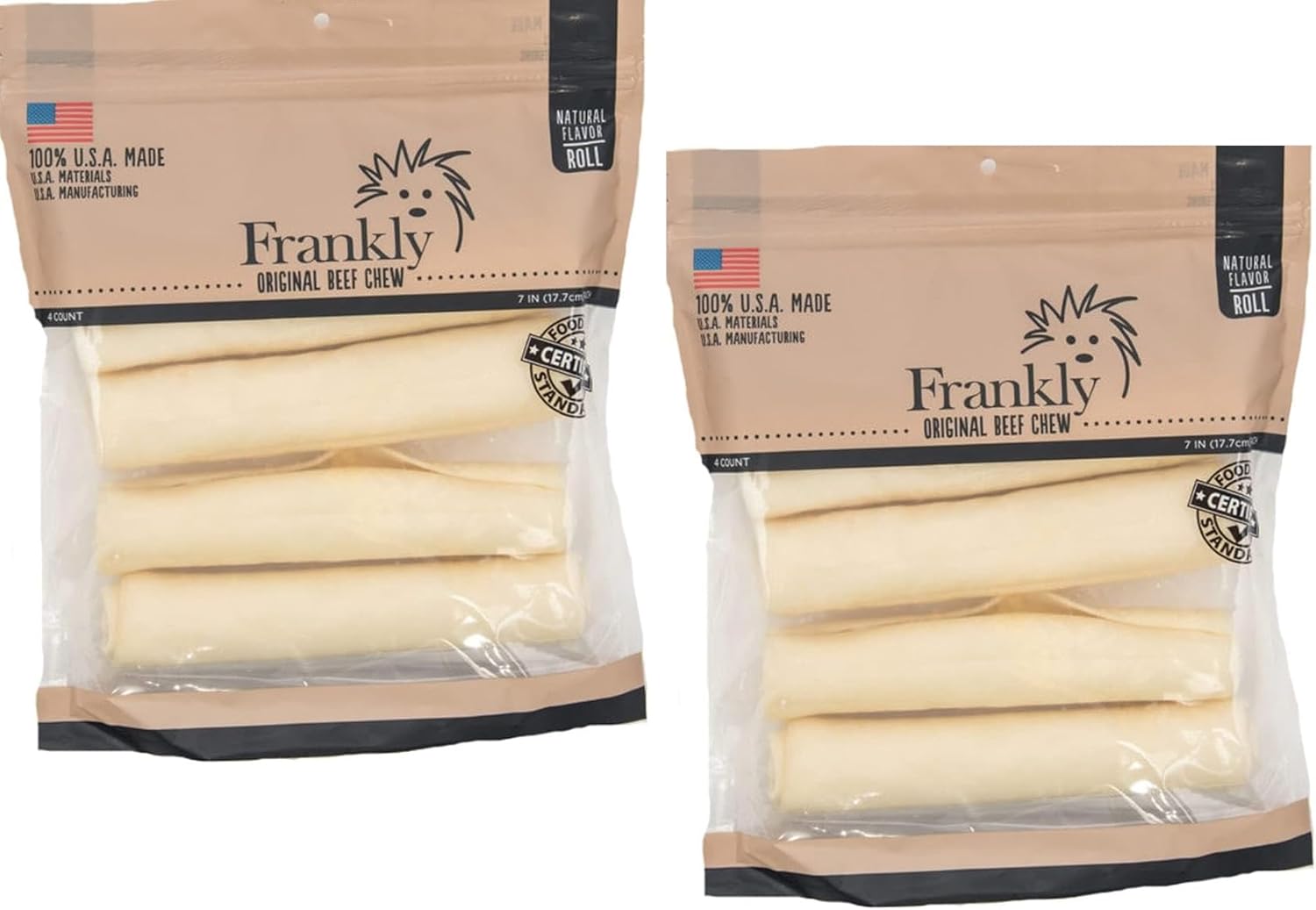 Frankly Original Natural Flavored Beef Chew Dog Retriever Rolls - High Protein Collegen Packed - Made in The U.S.A. - 4 Count 7-8" Roll (Pack of 2-8082)