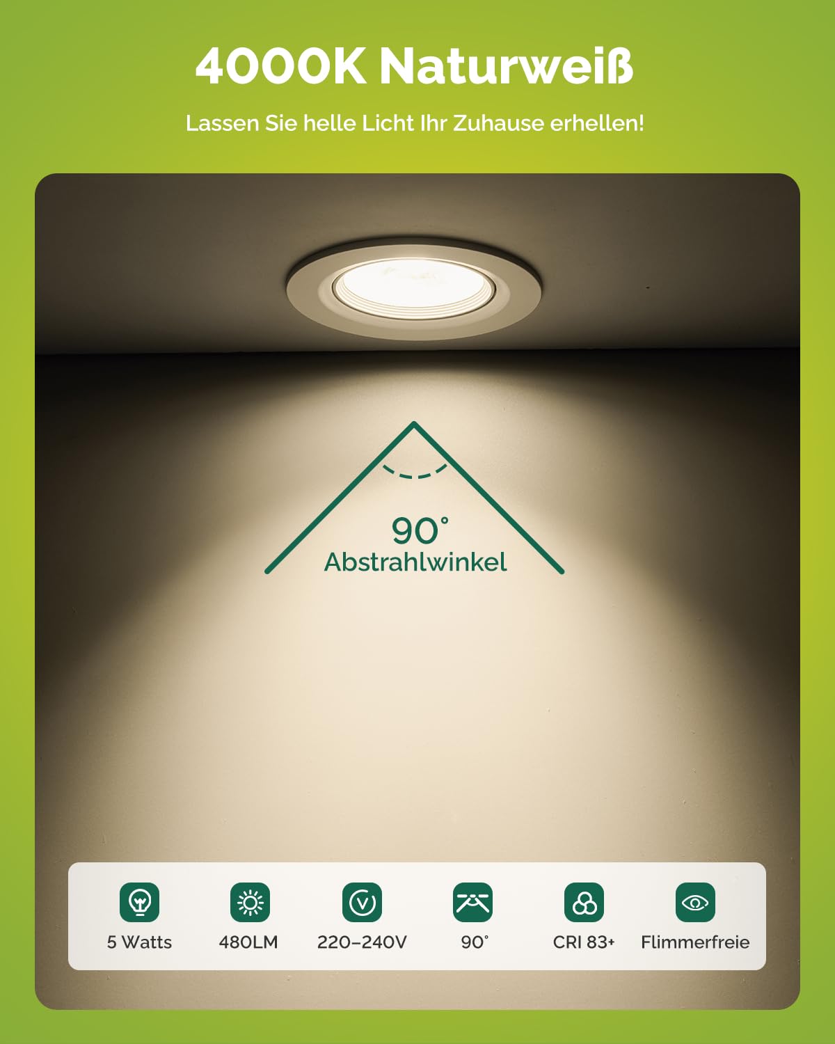 Fondiiz Led-plafondlamp, 5 W, 480 lm, draaibaar, 4000 K, neutraal wit, IP44, extra vlak, voor badkamer, doorsnede 70-80 mm, 12 stuks