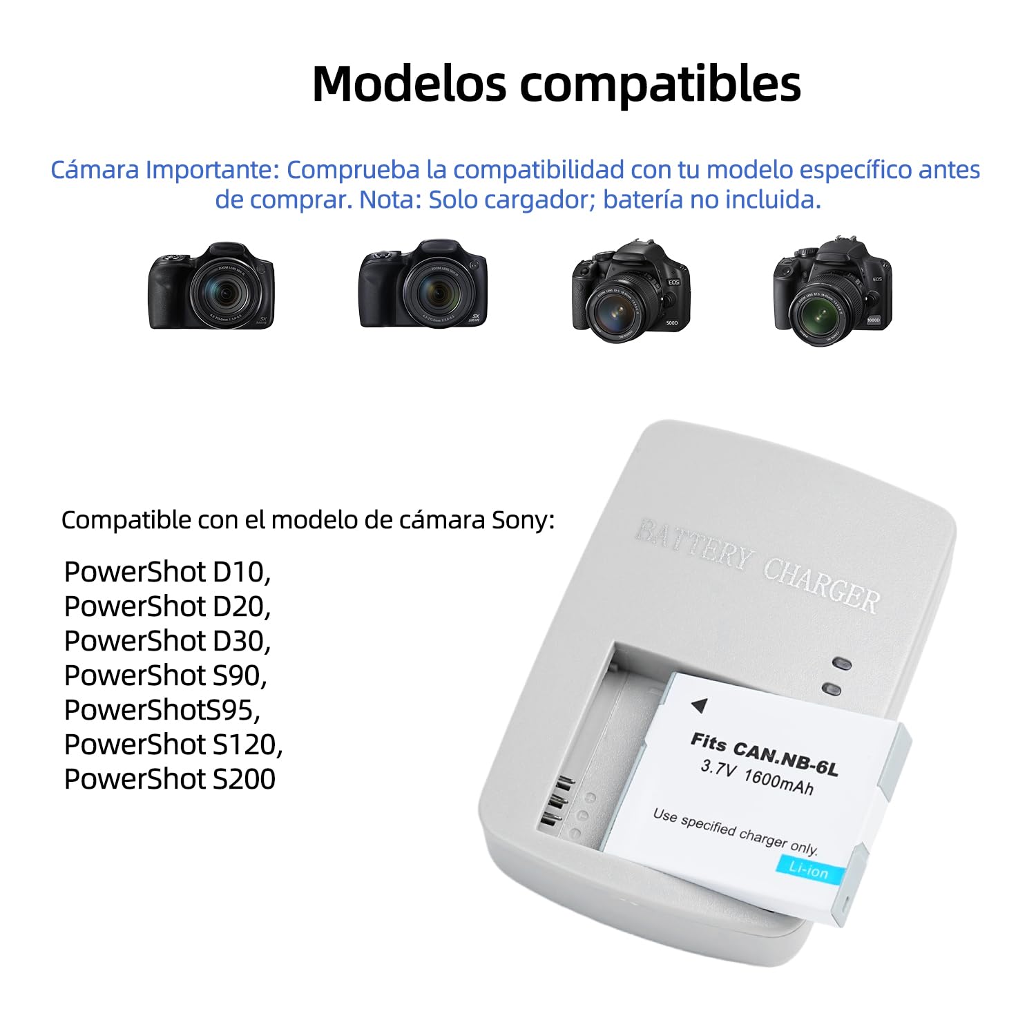 Cargador Compatible con Canon NB-6L NB-6LH SX540HS D20 | Para NB-6L compatible con Canon PowerShot SX540HS SX530HS SX520HS SX710HS SX700HS SX610HS SX600HS SX510HS SX500HS D30 D20