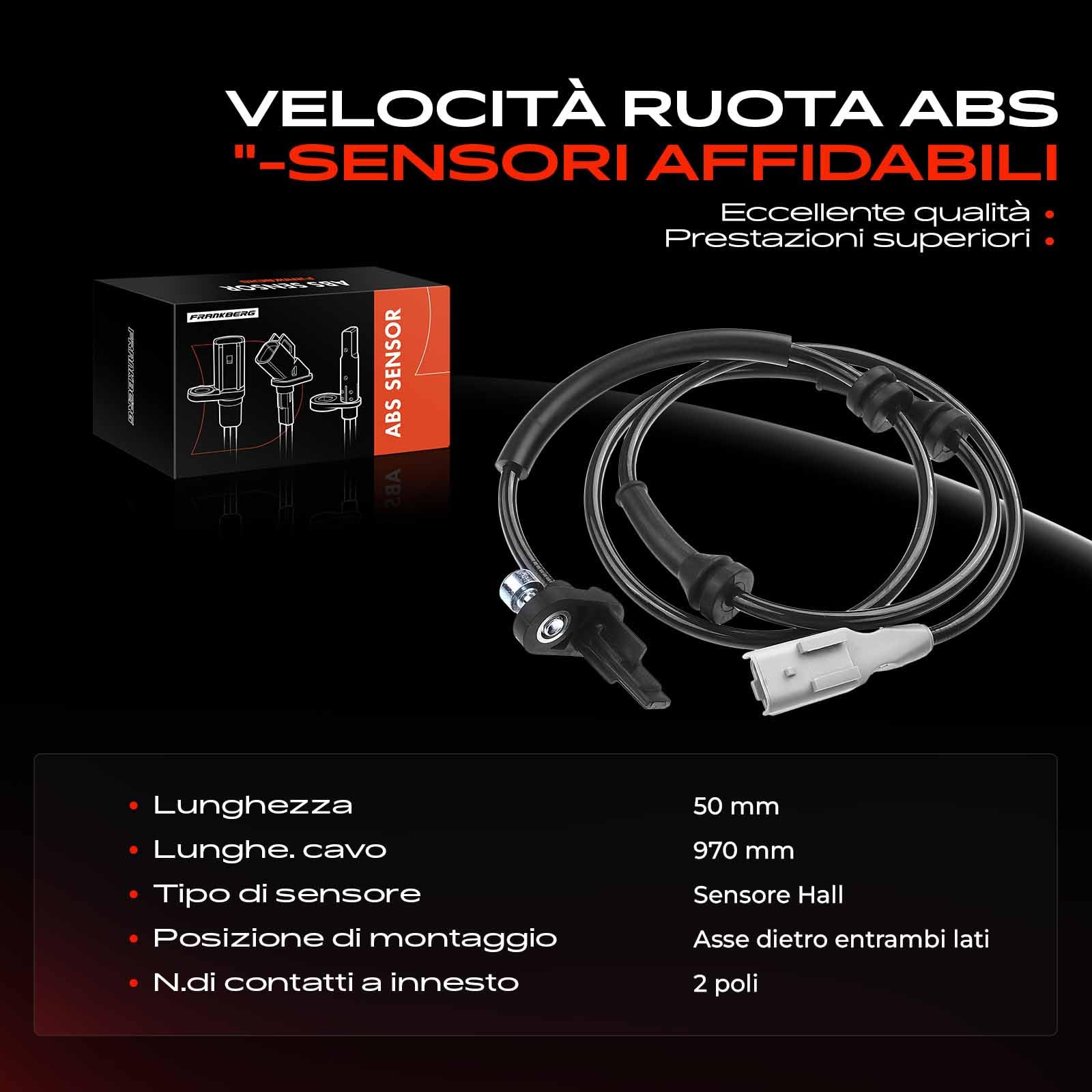 Frankberg Sensore Velocità Ruota ABS Sensore ABS 2-Poli Compatibile con Berlingo Multispace B9 C4 Grand Picasso I UA Partner Tepee Partner Furgone/MPV C4 Picasso I MPV UD Replace# 96536631