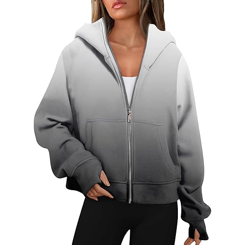 Zip Up Hoodies for Womens Solid Casual Long Sleeve Sweatershirts Lightweight Loose Jacket with Pockets