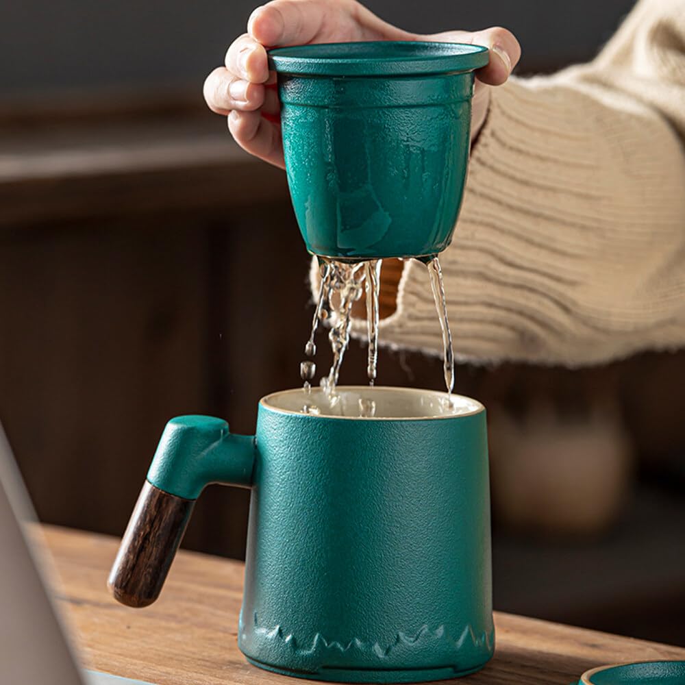 Teetasse mit Deckel und Sieb, 400 ml Teetasse mit Sieb, Teetassen mit Tee Sieb, Keramik-Teetassen mit Holzgriffen Eignen Sich zum Verschenken, Exquisite Geschenkboxen, (Rot, 400ml)