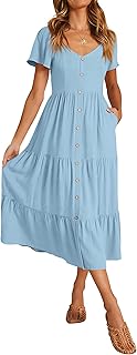 Women 2025 Spring Summer Casual Linen Short Sleeve Midi Dress Button V Neck Tiered Vacation Sundress with Pockets - Buy now