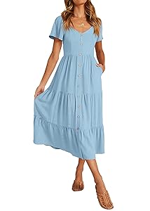 KIRUNDO Women 2025 Spring Summer Casual Short Sleeve Midi Dress Button V Neck Tiered Vacation Sundress with Pockets