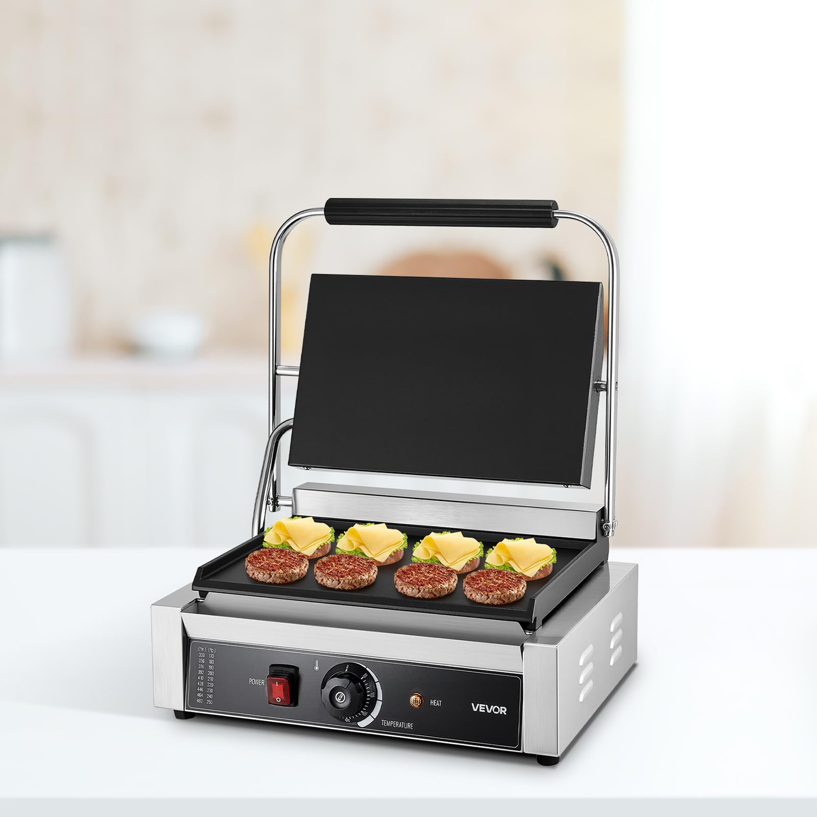 VEVOR Gril Panini Électrique 2200 W, Machine à Panini avec Plaque Émaillée Plate de 34,2x23,5 cm, Appareil à Sandwich en Inox, avec Poignée et Contrôle de la Température, pour Hamburger, Steak