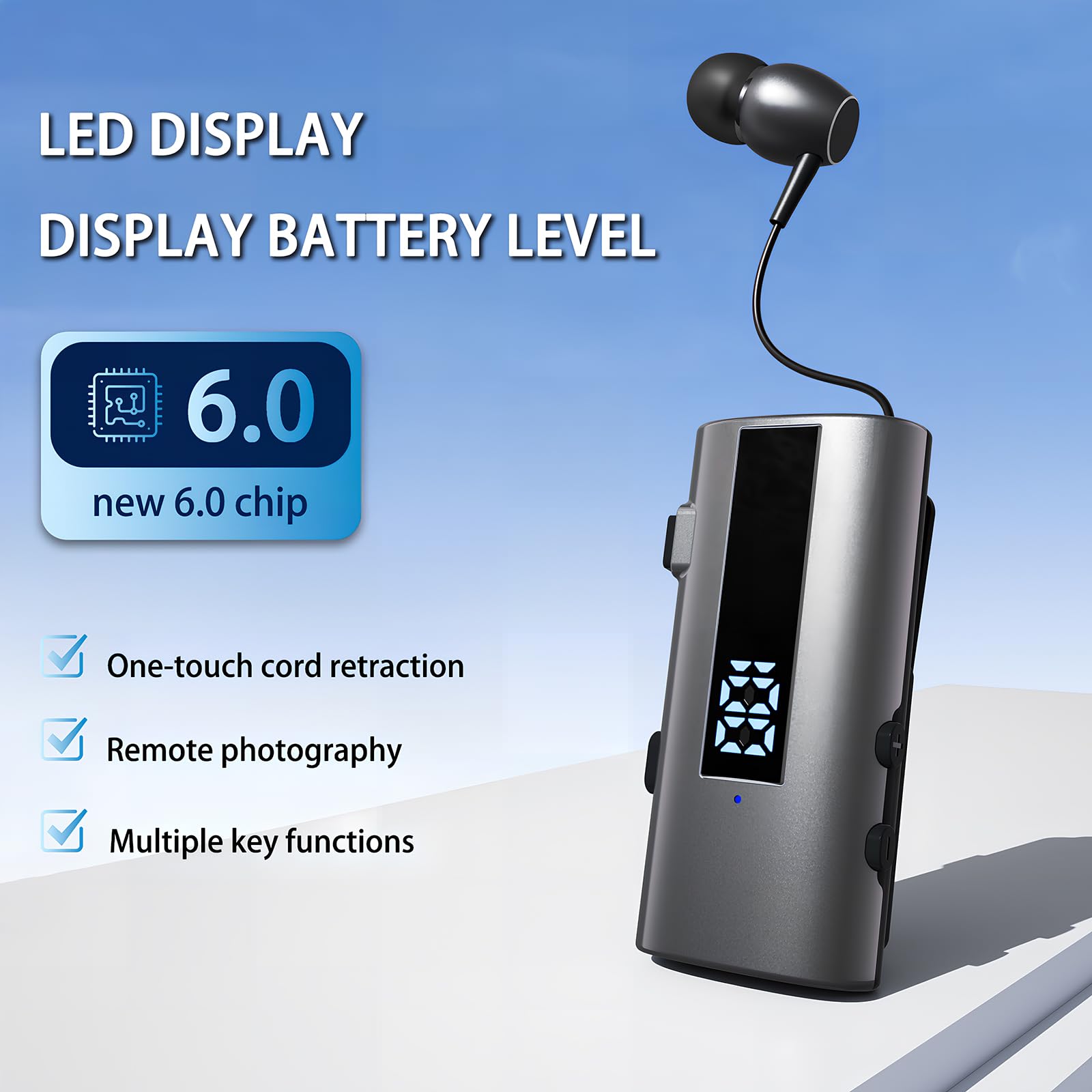 Auricolari Bluetooth con Cavo Retrattile, 50H Cuffie Wireless Lavalier con Vibratione, LED Power Display, IP65 Impermeabile, Doppia Connessione, Chip 6.0 (Grigio Nerastro)