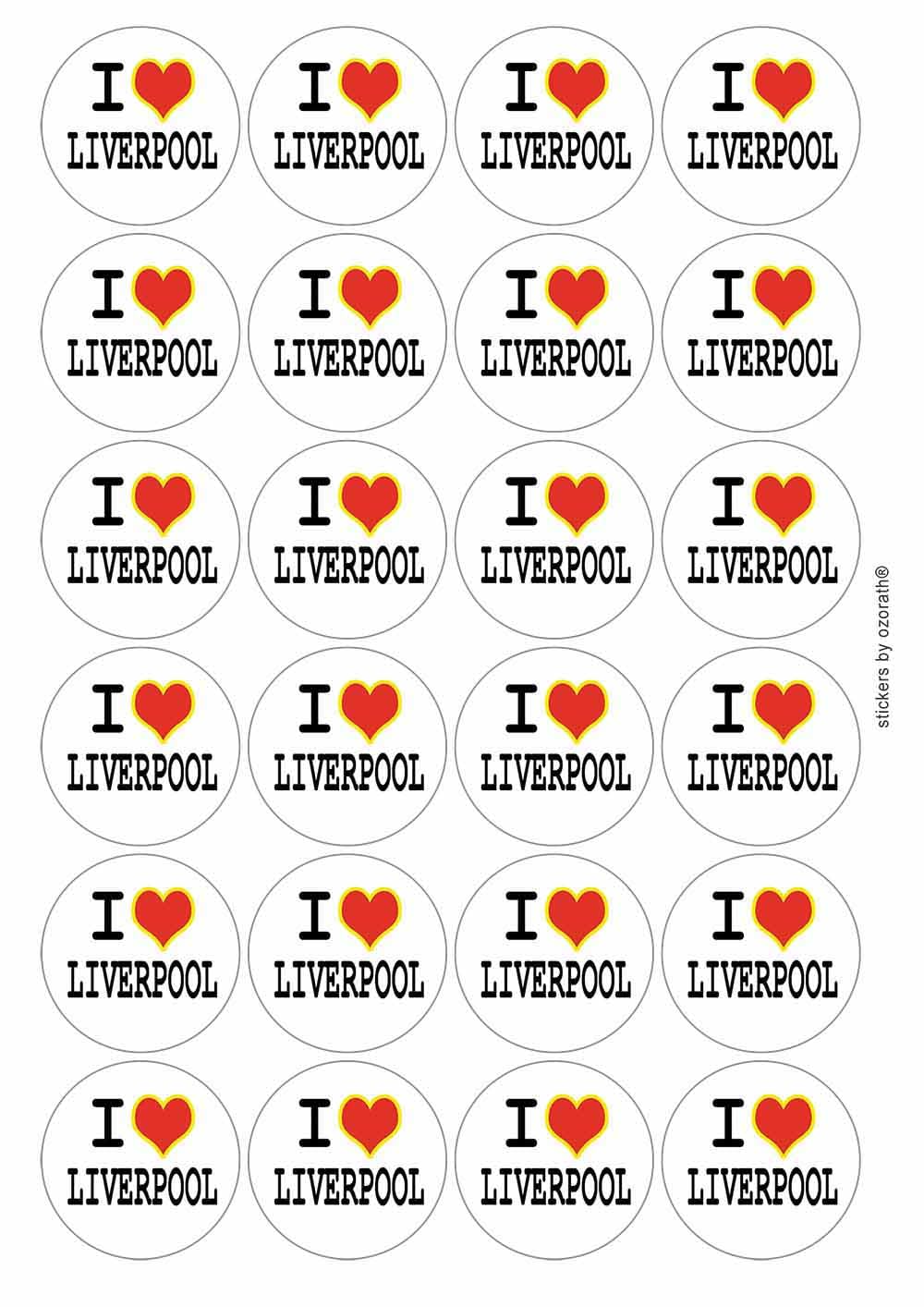 I Heart Love Liverpool Circular Matt Paper Stickers A4 Sheet of 24 (Each Sticker is 45mm Diameter)
