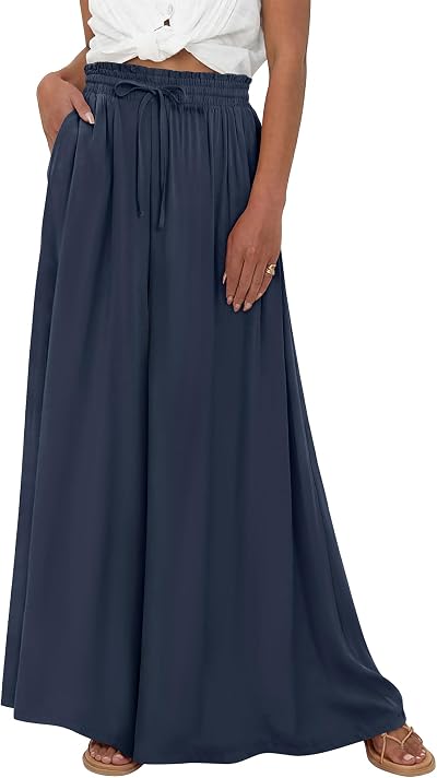 onlypuff Women Wide Leg Pants Spring Summer Casual High Waist Long Palazzo Pants Pocket Lounge Beach Clothes