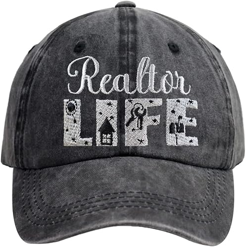 Realtor Life Sombrero para hombres y mujeres, gorra de béisbol bordada ajustable desgastada para agente inmobiliario de algodón