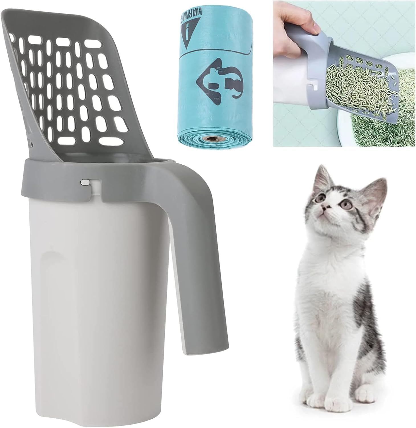 ATEK Cat Litter Scooper – PP Material Premium Pet Litter Sifter Hollow Neater Scoop Cat Poop Scoop Litter Scoop Cat Litter Scoop with Holder Cat Poop Bin Pet Cat Litter Shovel Scoop Pet Scoop