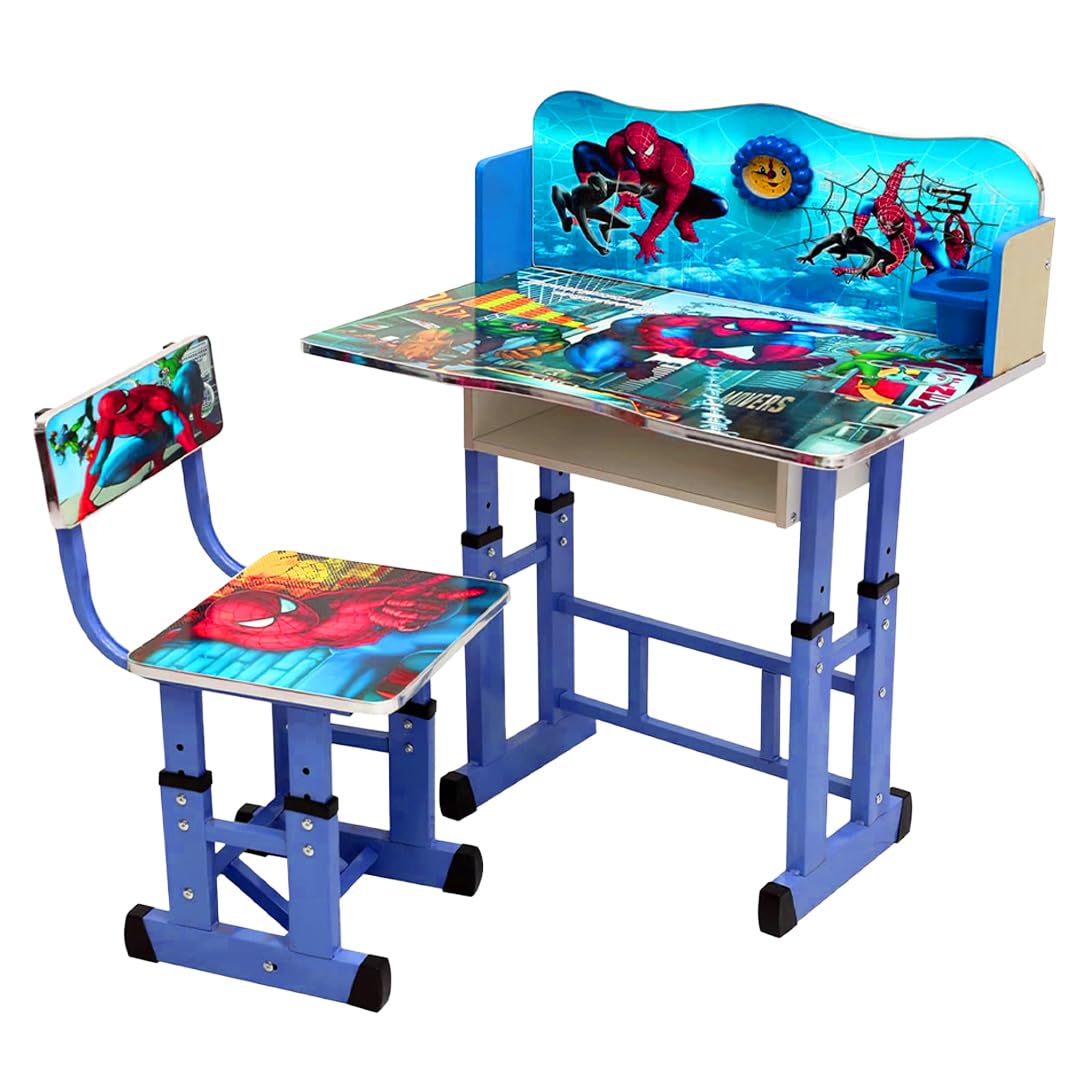 Multi Home Furniture Blue Adjustable Kids Study Table and Chair Set – Ergonomic Study Desk with Drawer, Tiltable Desktop, Footrest – Spiderman Theme Study Table for Kids 10–12, Homework Desk for Boys
