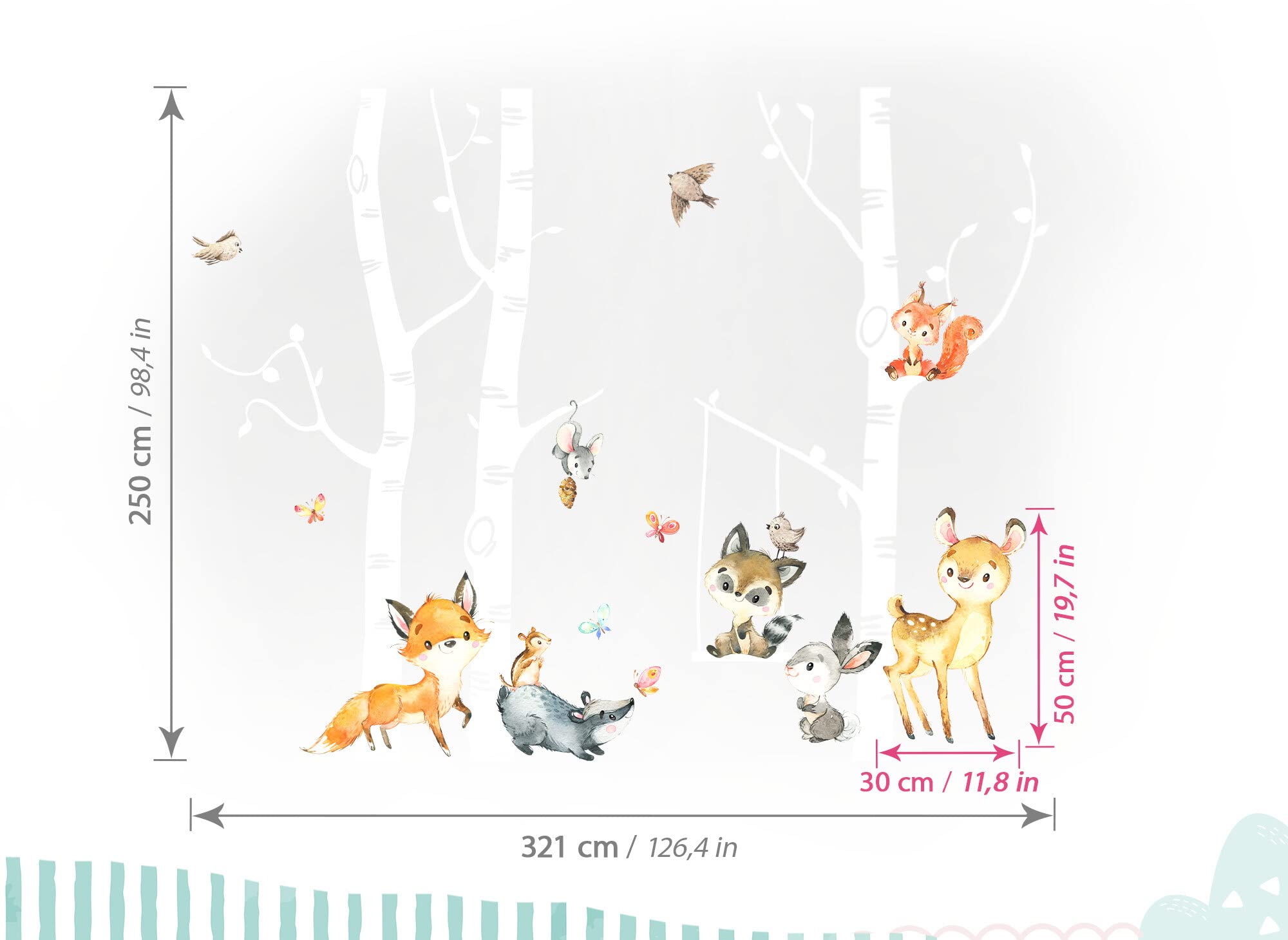 Wandsticker Groß Birkenstämme Set Wandtattoo Waldtiere Kinderzimmer Babyzimmer Wandaufkleber Fuchs REH Wanddeko DK1094-4