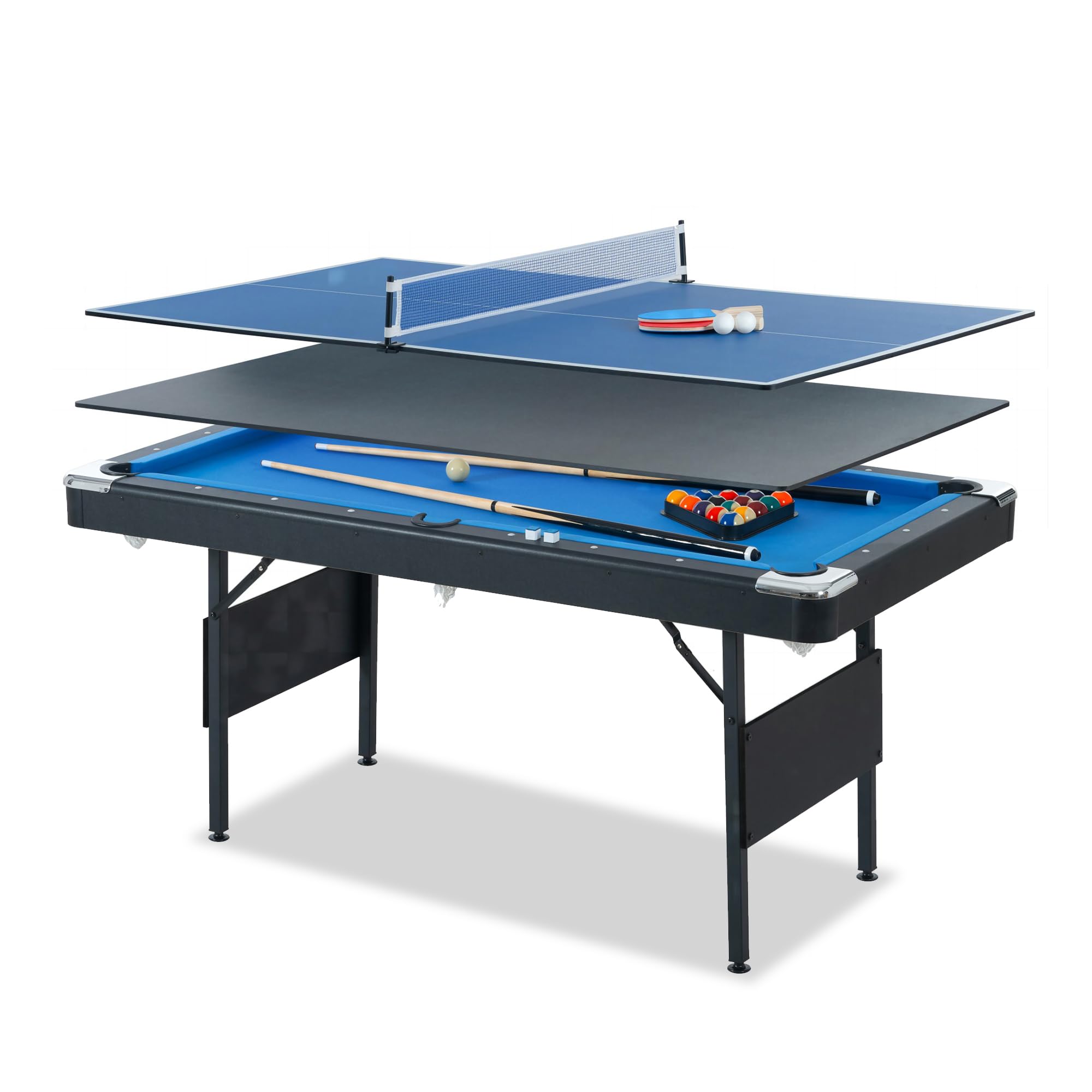 ARCLIS 5.5 Foot 3 in 1 Muitfunctional Game Table, Folding Portable with Pool Tables Ping Pong Tables Dining Tables, Billiard Tennis Flat and Supplies Combo for Indoor Outdoor All Ages (Black+Blue)