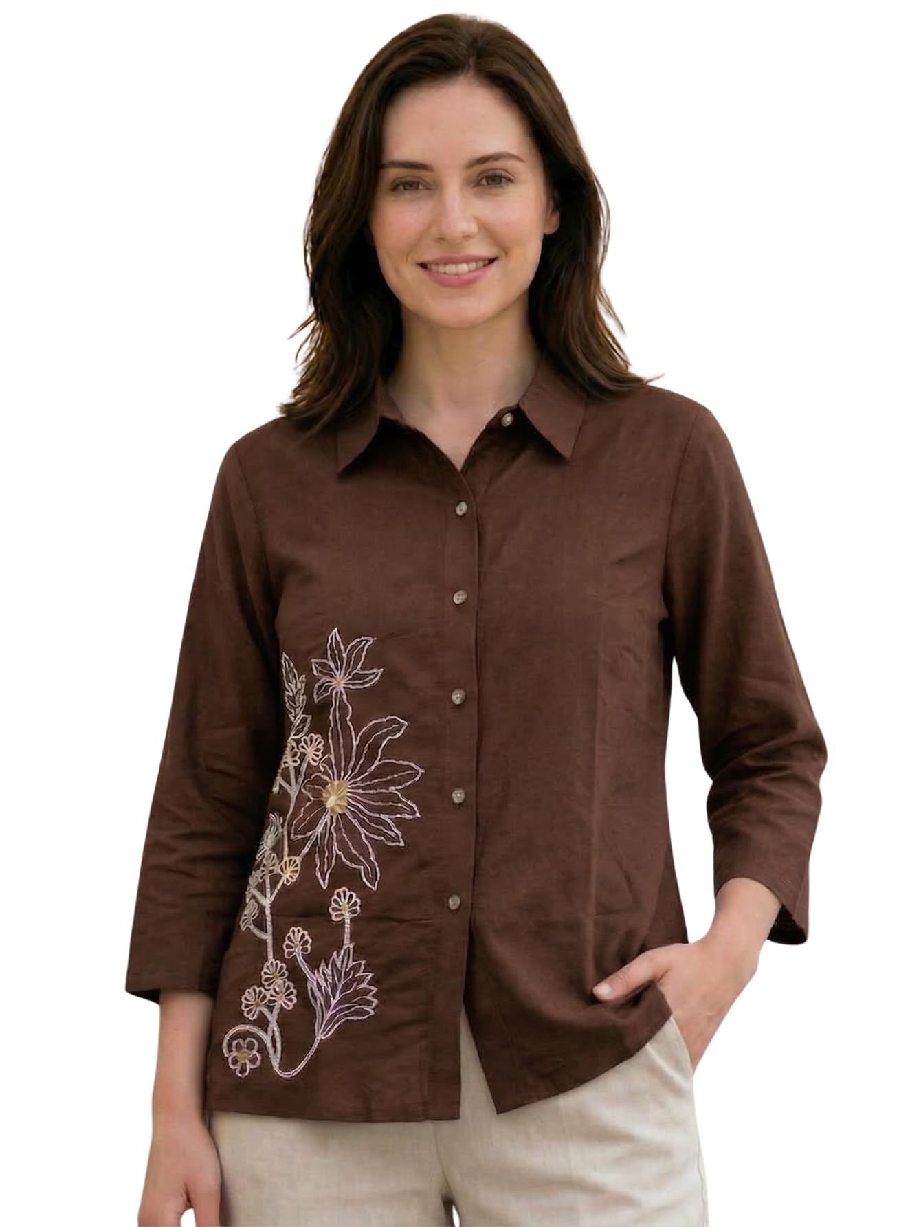 bollyclues Women’s Premium Pure Cotton Embroidered Shirt | Casual Button Down Top | Floral Design Long Sleeve Shirt for Women | Breathable Summer Wear-picture-20