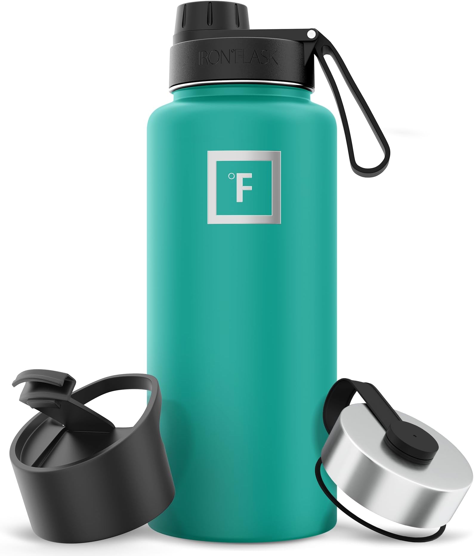 IRON °FLASK Camping & Hiking Hydration Flask with 3 Lids - Stainless Steel, Double Walled & Vacuum Insulated Water Bottle - Leak Proof & BPA Free (Aquamarine, Spout - 32 oz)