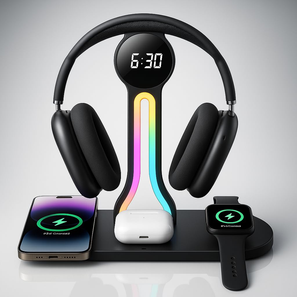 Trasforma la tua scrivania - Stazione di ricarica wireless 4 in 1 con supporto per cuffie, doppia porta USB, caricabatterie rapido da 15 W per telefono/A-irPods/A-pple Watch, luce RGB, sveglia a LED