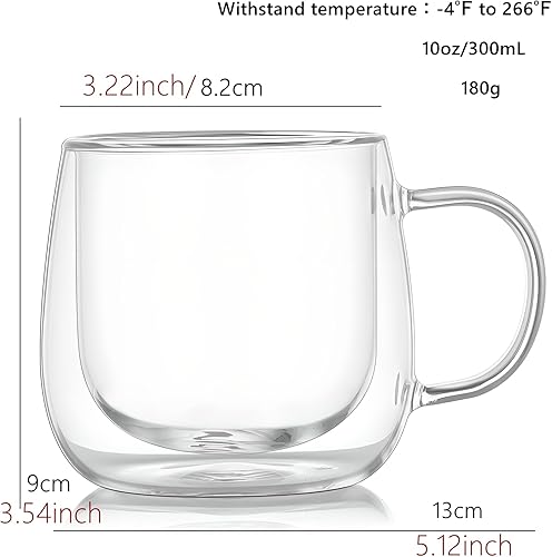 Miniatura 10 de Expresso Cups - Juego de 2 tazas de café de vidrio con aislamiento de doble pared con asa para capuchinos con leche, tazas de chupito de espresso de